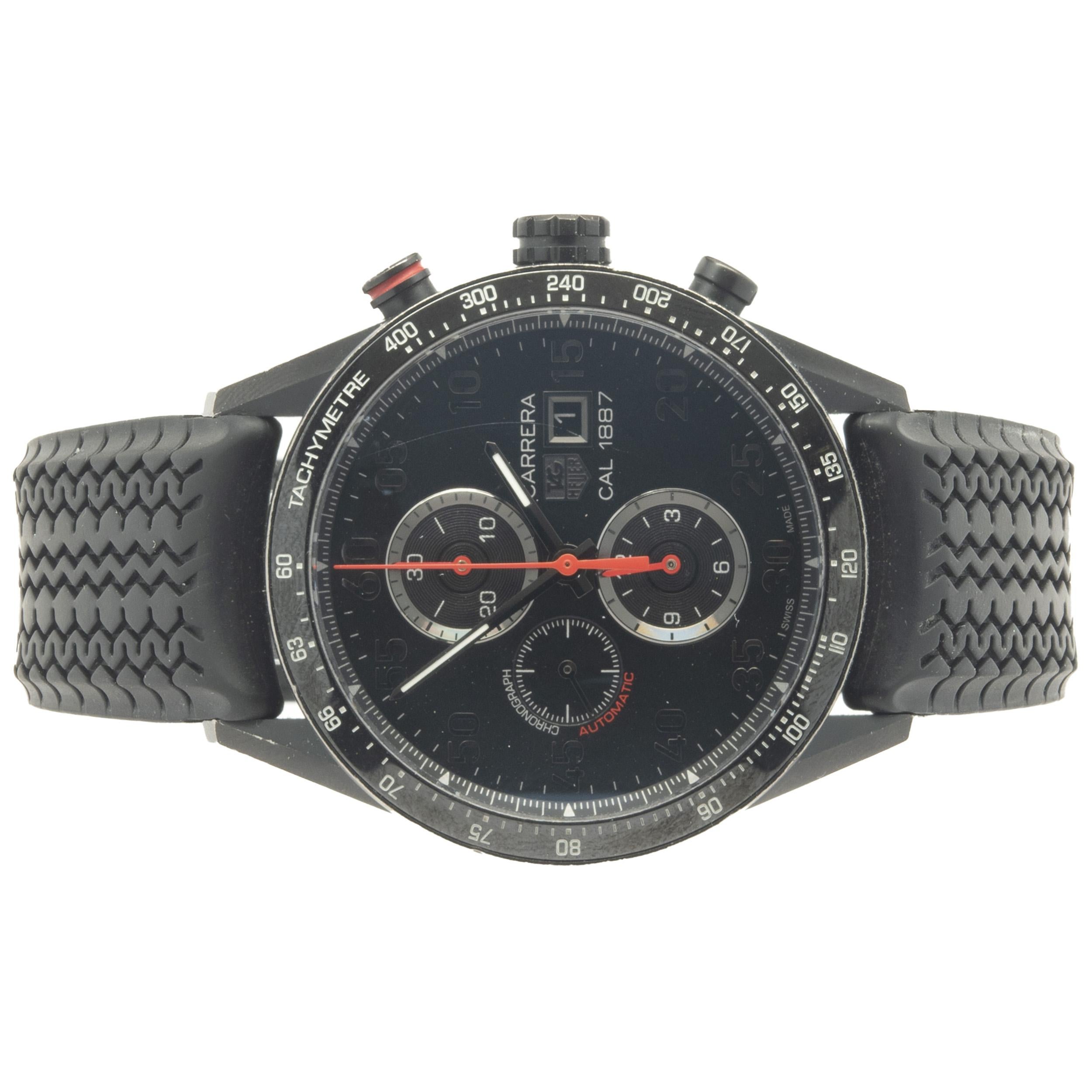 Movement: automatic
Function: hours, minutes, seconds, date, chronograph
Case: 43mm round case, push/pull crown, sapphire crystal, ceramic tachymeter
Dial: black chronograph
Band: black rubber, deployment clasp
Reference#: CAR2A80
Serial #: