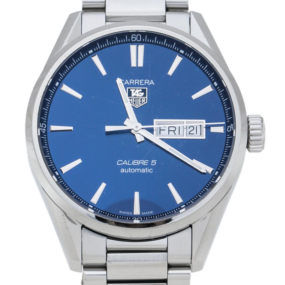 TAG Heuer Blue Carrera Calibre 5 WAR201E.BA0723 Men's Wristwatch 41 mm In Fair Condition In Dubai, Al Qouz 2
