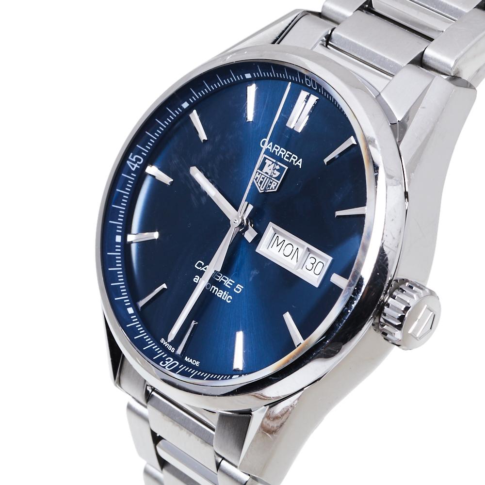 Tag Heuer Blue Stainless Steel Carrera 5 WAR201E.BA0723 Men's Wristwatch 41 mm In Good Condition In Dubai, Al Qouz 2