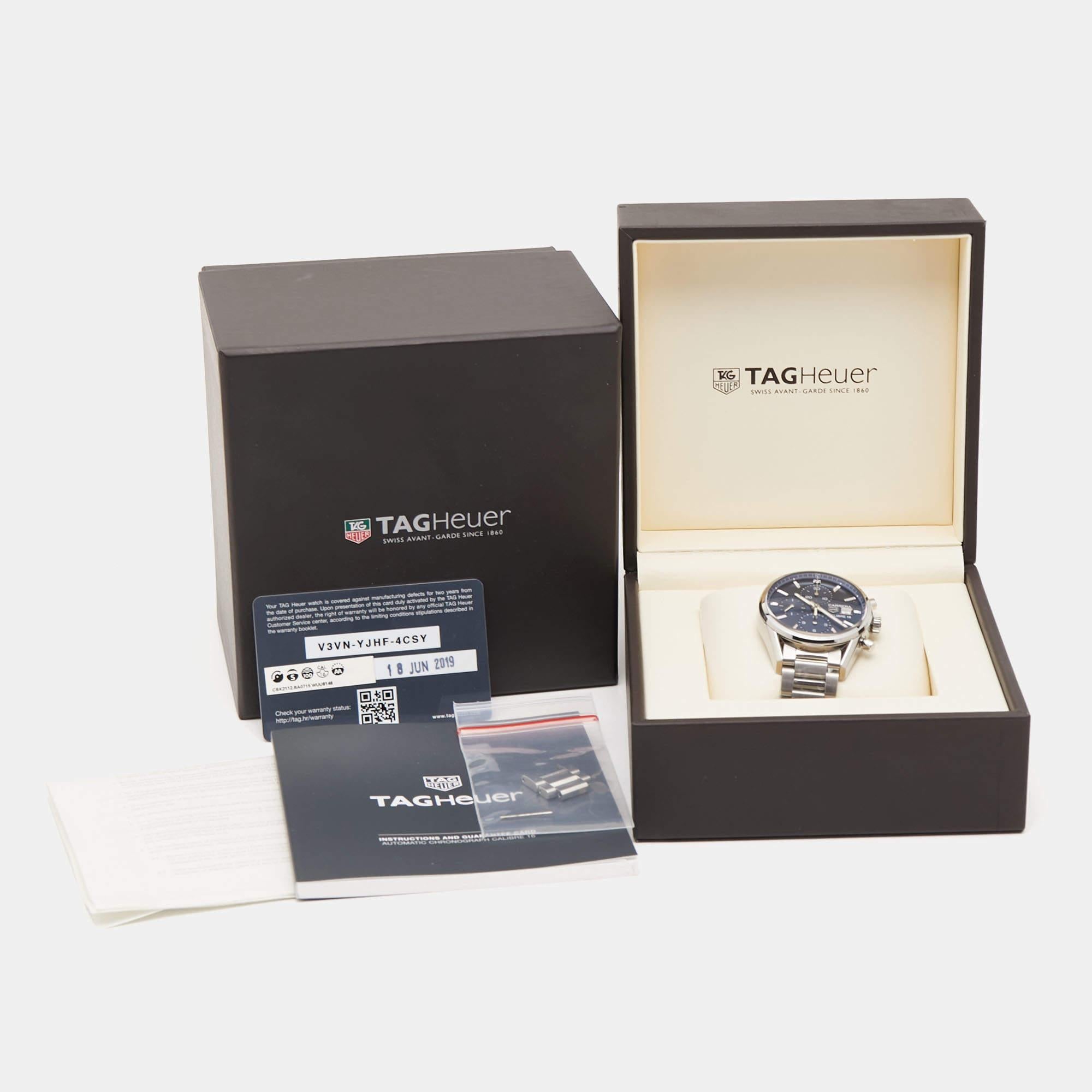 TAG Heuer Blue Stainless Steel Carrera CBK2112 Men's Wristwatch 41 mm 4