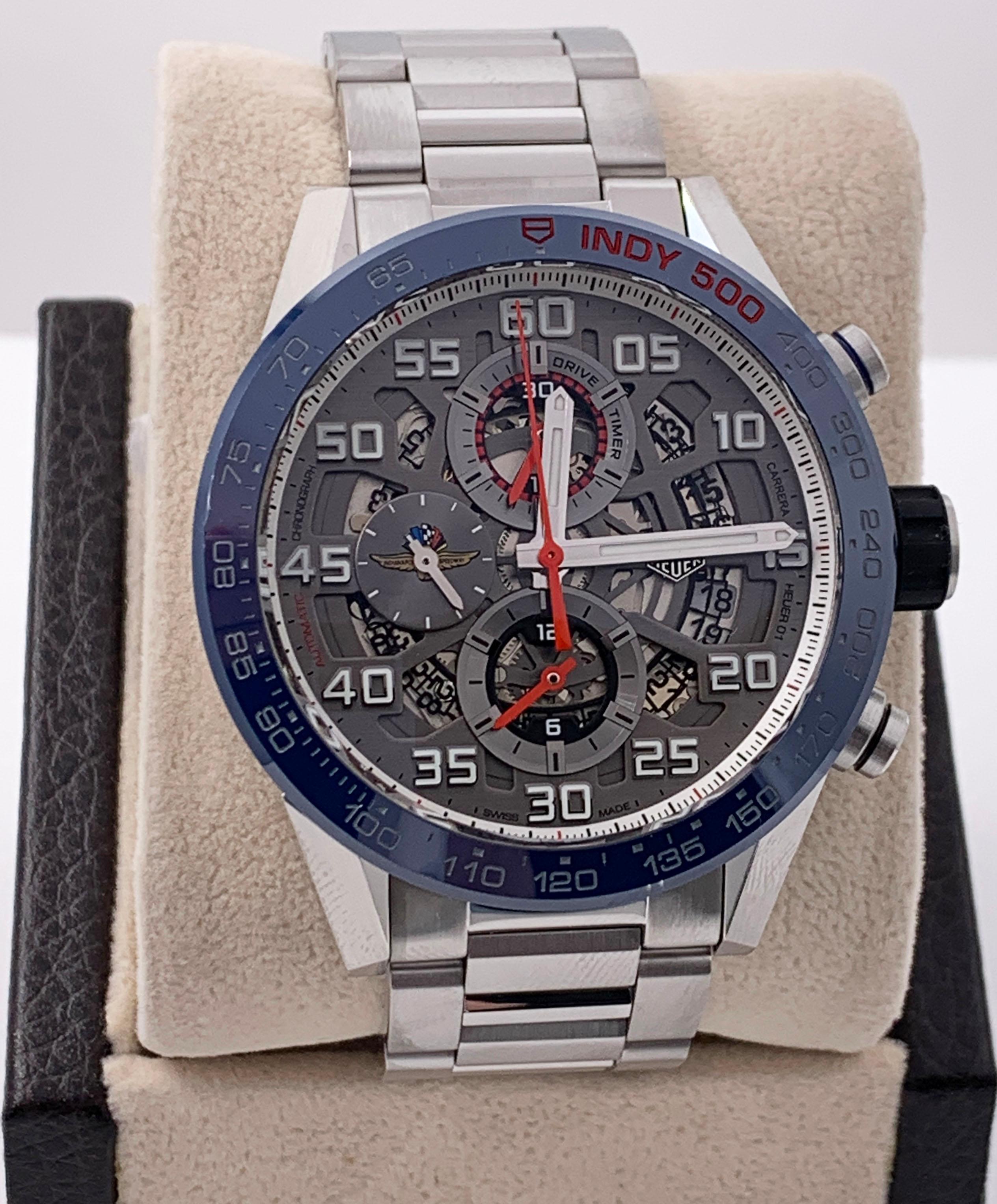 Style Number: CAR201G

 

Year: 2020

 

Model: Carrera Skeleton Indy 500

 

Case Material: Stainless Steel 

 

Band: Stainless Steel 

 

Bezel:  Blue Ceramic 

 

Dial: Skeleton 

 

Face: Sapphire Crystal 

 

Case Size: 43mm

 

Includes: