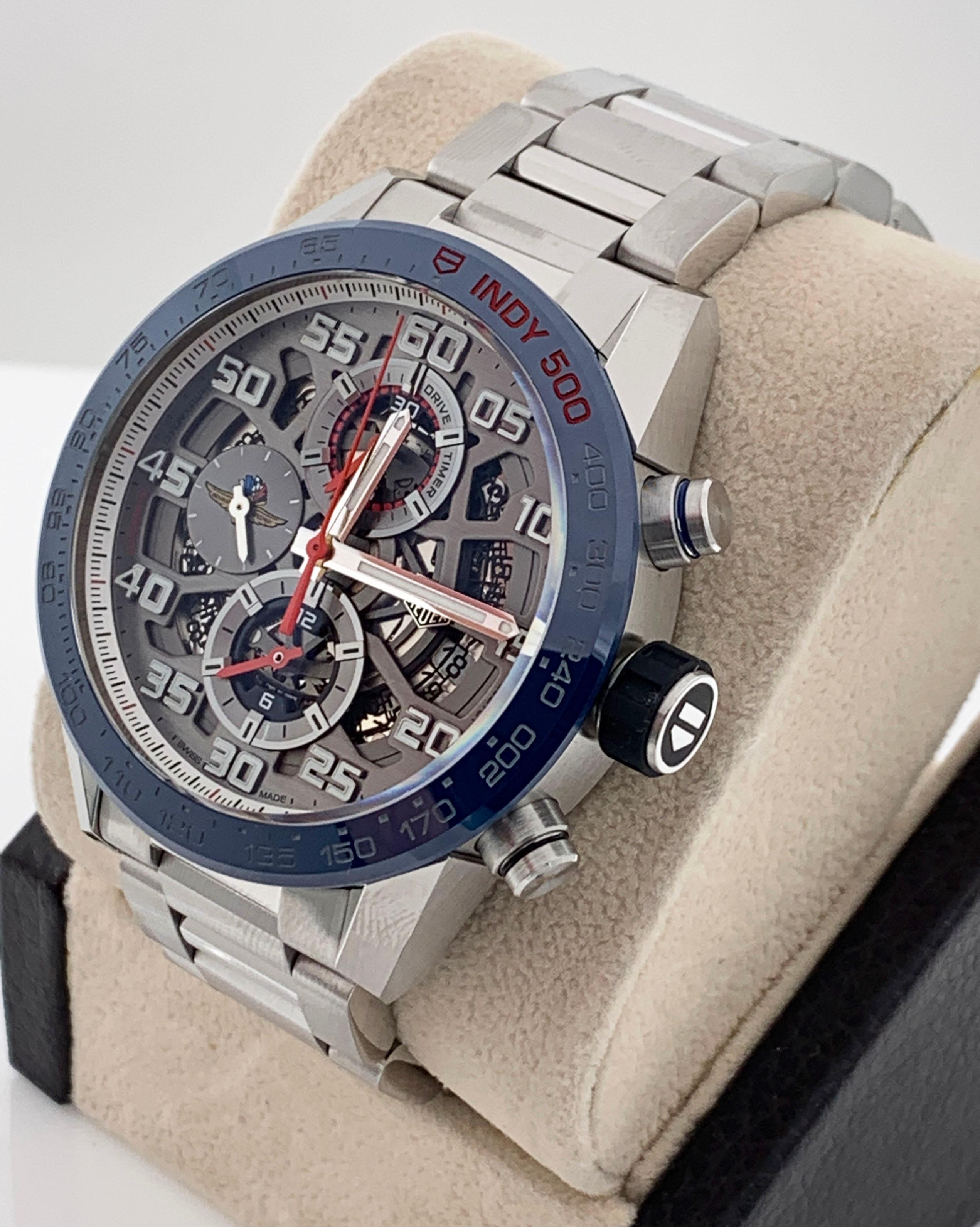 TAG Heuer CAR201G.BA0766 Carrera Skeleton Indy 500 avec lunette bleue en acier inoxydable Pour hommes en vente