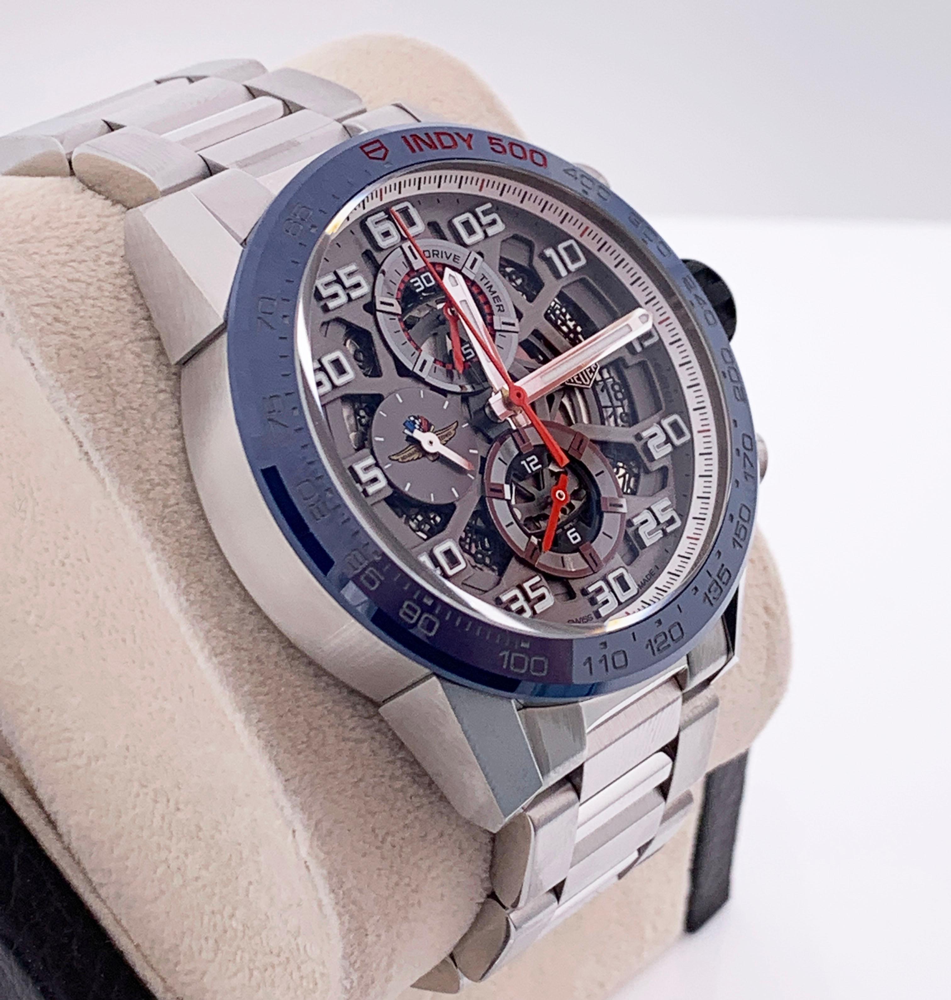 TAG Heuer CAR201G.BA0766 Carrera Skeleton Indy 500 avec lunette bleue en acier inoxydable en vente 1