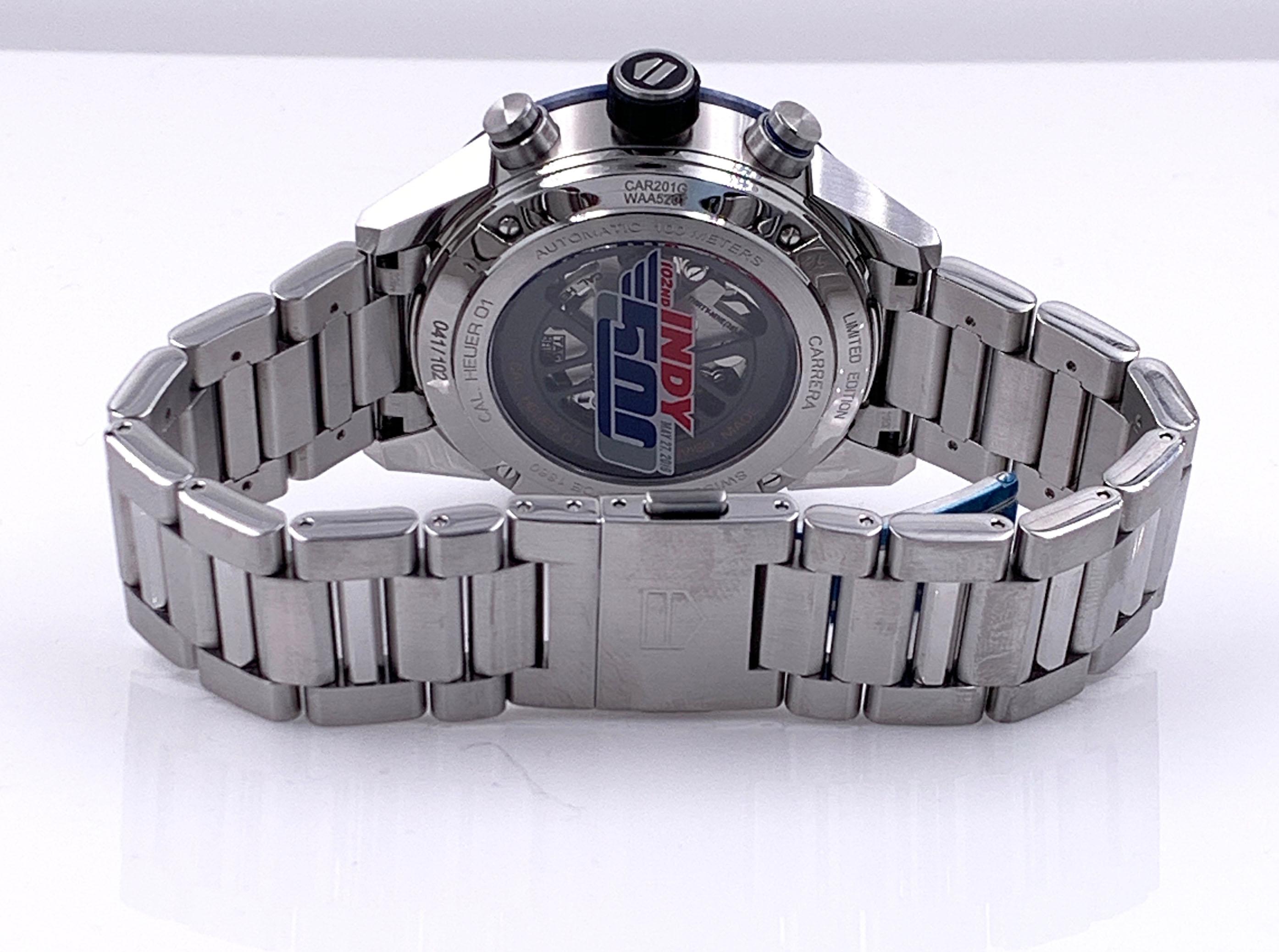 TAG Heuer CAR201G.BA0766 Carrera Skeleton Indy 500 Blue Bezel Stainless Card For Sale 2