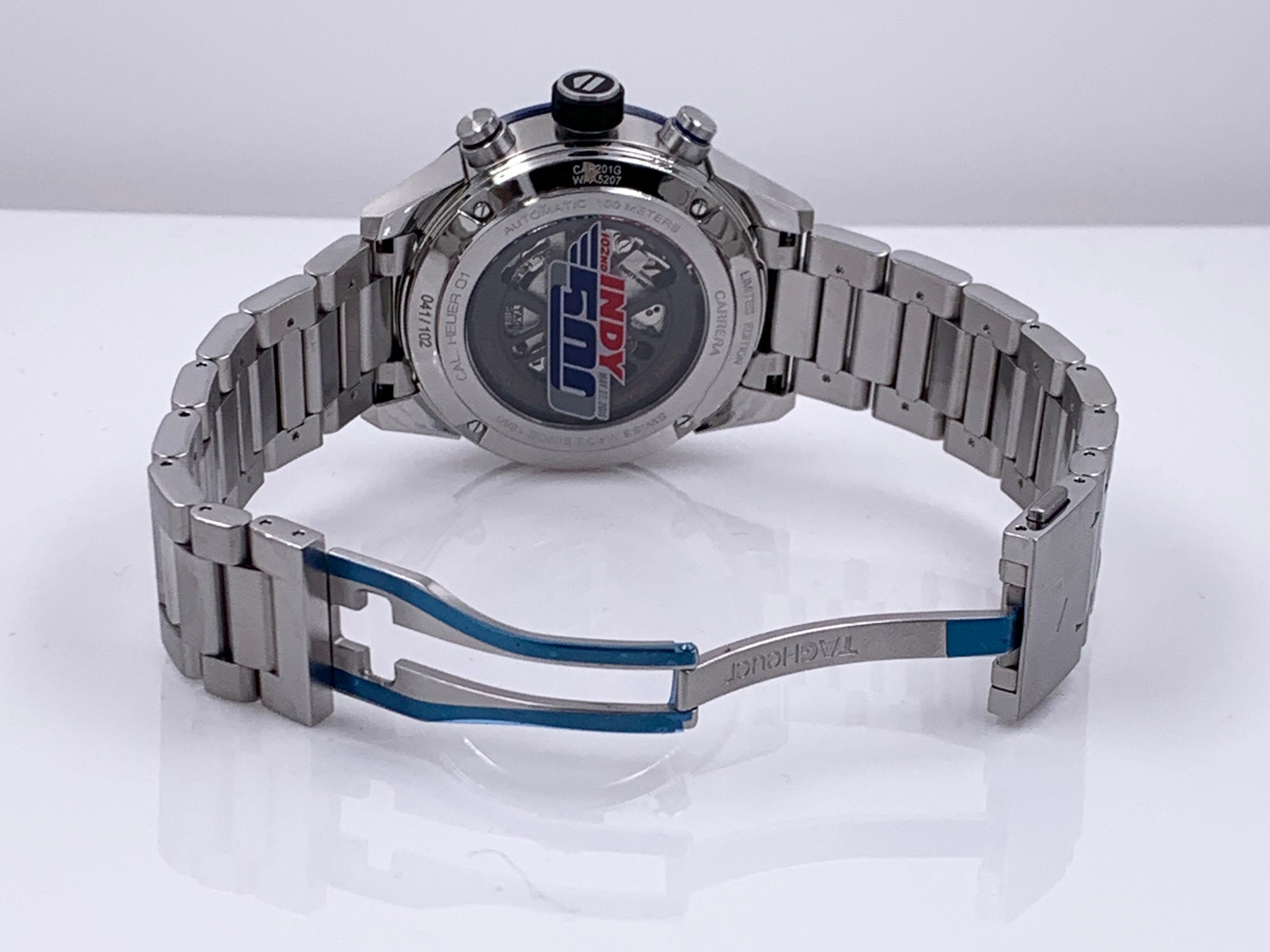 TAG Heuer CAR201G.BA0766 Carrera Skeleton Indy 500 Blue Bezel Stainless Card For Sale 3