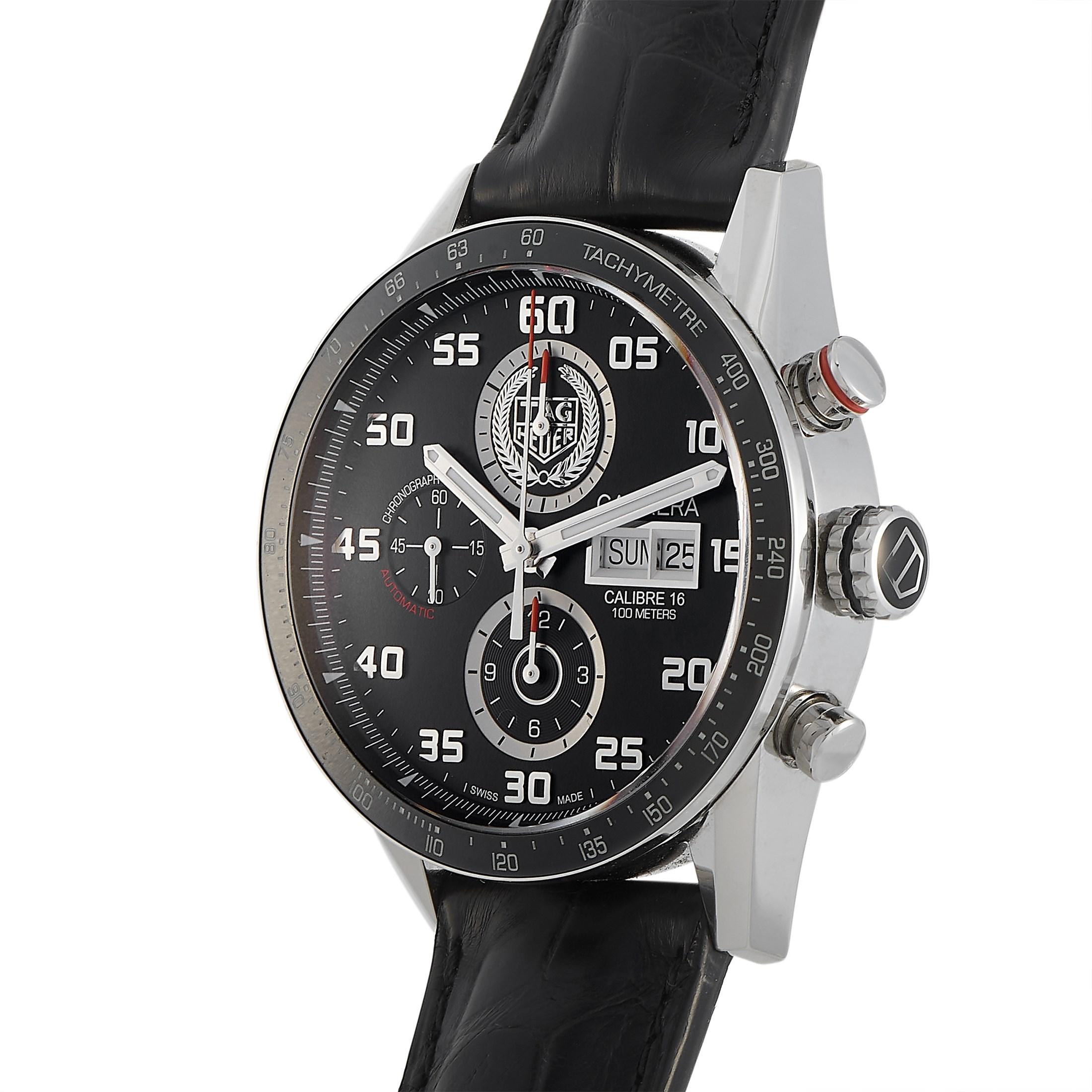 A very special watch model that you can now own. The TAG Heuer Carrera CV2AIT.BA0738 is an Ambassador Special Edition watch designed with a 42mm round stainless steel case, a black ceramic bezel with a tachymeter scale, and a black dial with