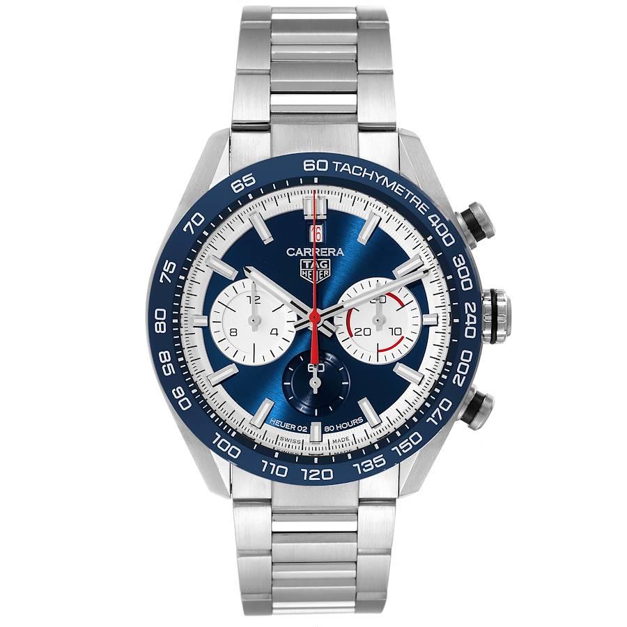 Tag Heuer Carrera 160 Years Anniversary Blue Dial Steel Watch CBN2A1E Box Card. Automatic self-winding chronograph movement. Stainless steel round case 44.0 mm. Exhibition sapphire case back. Blue ceramic bezel with tachymeter. Scratch resistant