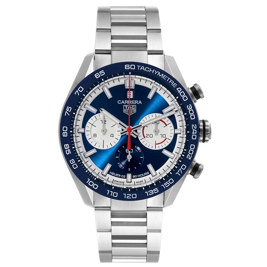 Tag Heuer Carrera 160 Years Anniversary Blue Dial Steel Watch CBN2A1E Box Card. Automatic self-winding chronograph movement. Stainless steel round case 44.0 mm in diameter. Exhibition sapphire case back. Blue ceramic bezel with tachymeter. Scratch