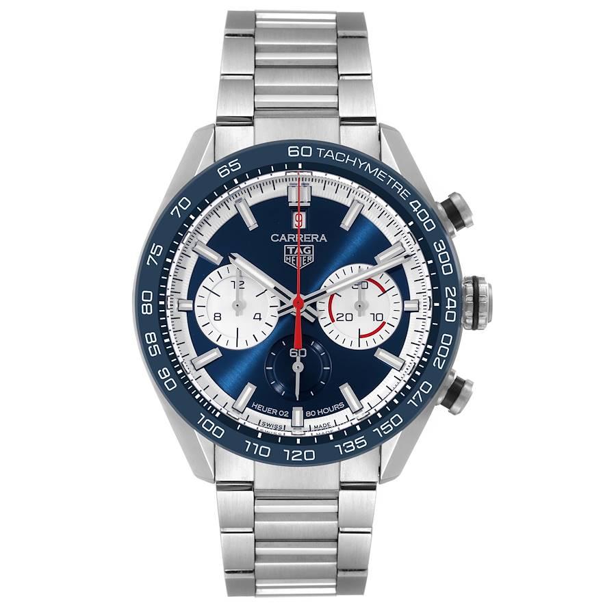 Tag Heuer Carrera 160 Years Anniversary Blue Dial Steel Watch CBN2A1E. Automatic self-winding chronograph movement. Stainless steel round case 44.0 mm in diameter. Exhibition sapphire case back. Blue ceramic bezel with tachymeter. Scratch resistant