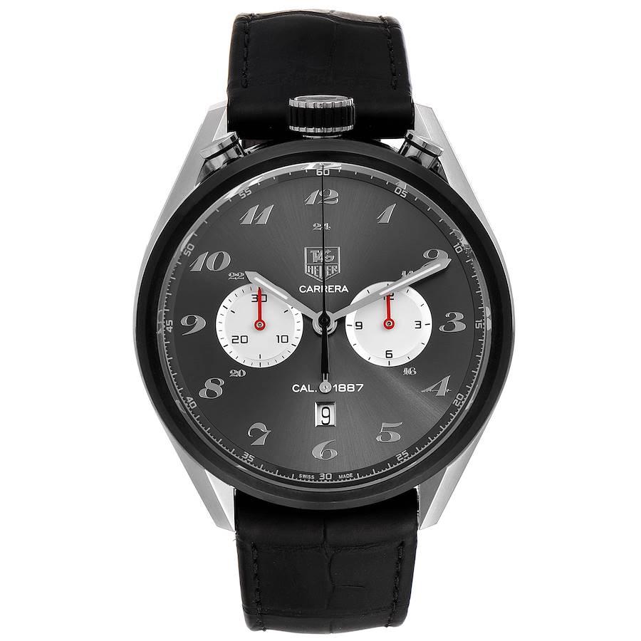 Tag Heuer Carrera 1887 100th Anniversary LE Mens Watch CAR2C14 Box Card. Automatic self-winding movement. Stainless steel case 45.0 mm in diameter. Case thickness 16.0 mm. Exhibition sapphire crystal case back. Black titanium bezel. Scratch