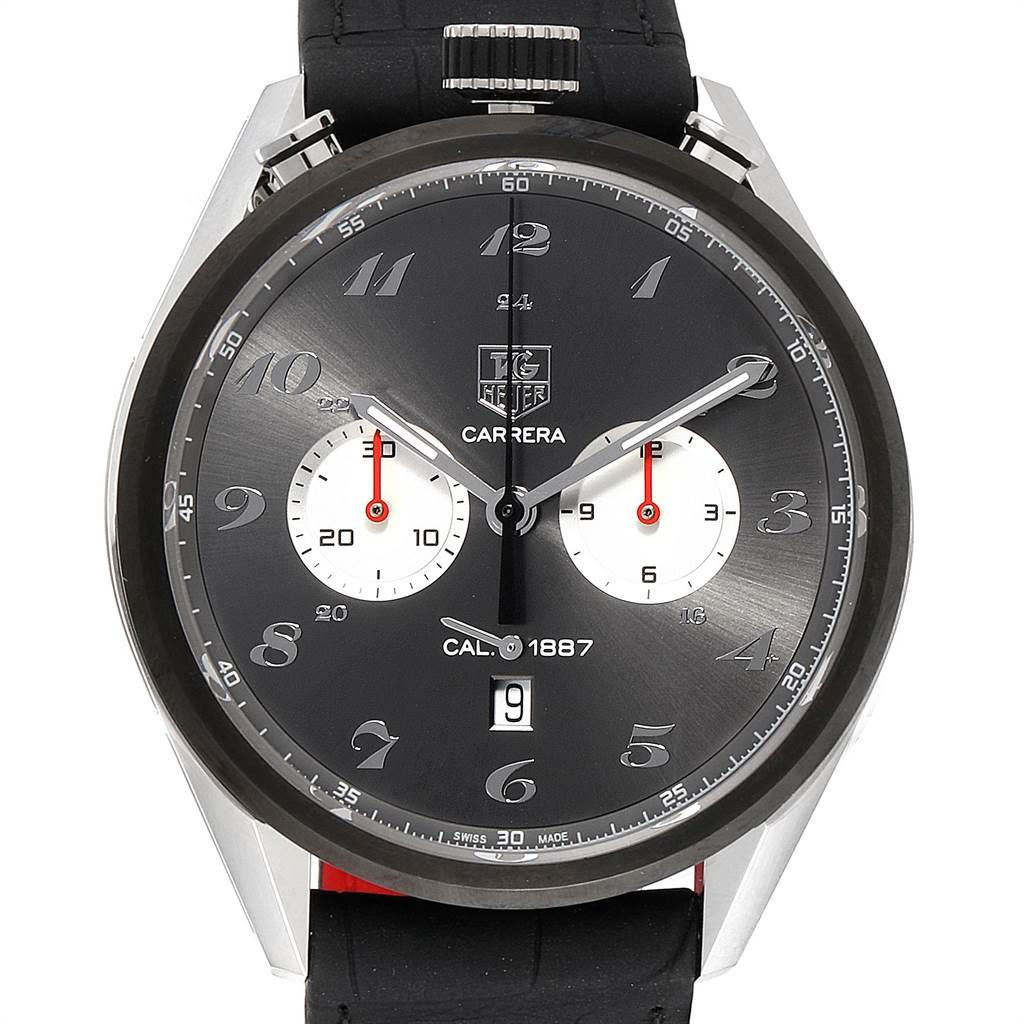 Tag Heuer Carrera 1887 100th Anniversary LE Mens Watch CAR2C14 Unworn. Automatic self-winding movement. Steel still case 45.0 mm in diameter. Case thickness 16.0 mm. Exhibition sapphire crystal case back. Black titanium bezel. Scratch resistant