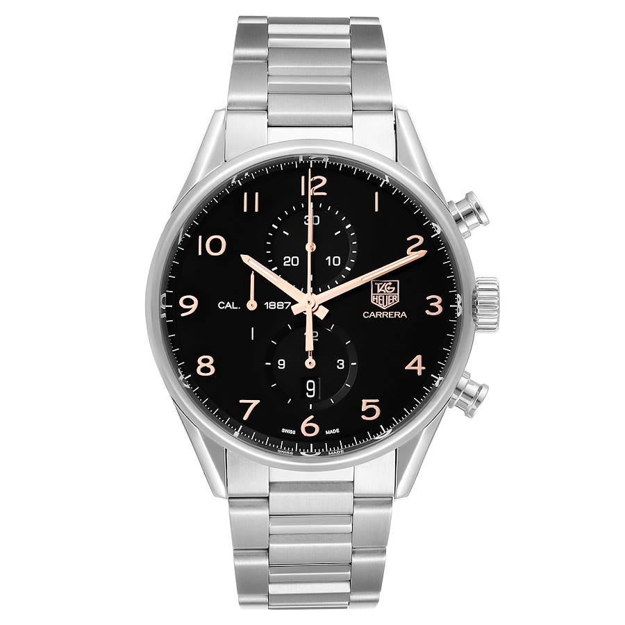 Tag Heuer Carrera 1887 Black Dial Chronograph Steel Mens Watch CAR2014. Automatic self-winding chronograph movement. Stainless steel case 43.0 mm. Transparent exhibition sapphire crystal case back. Stainless steel bezel. Scratch resistant sapphire