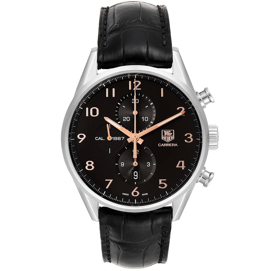 Tag Heuer Carrera 1887 Black Dial Chronograph Steel Watch CAR2014 Box Card. Automatic self-winding chronograph movement. Stainless steel case 43.0 mm. Transparent exhibition sapphire crystal case back. Stainless steel smooth bezel. Scratch resistant