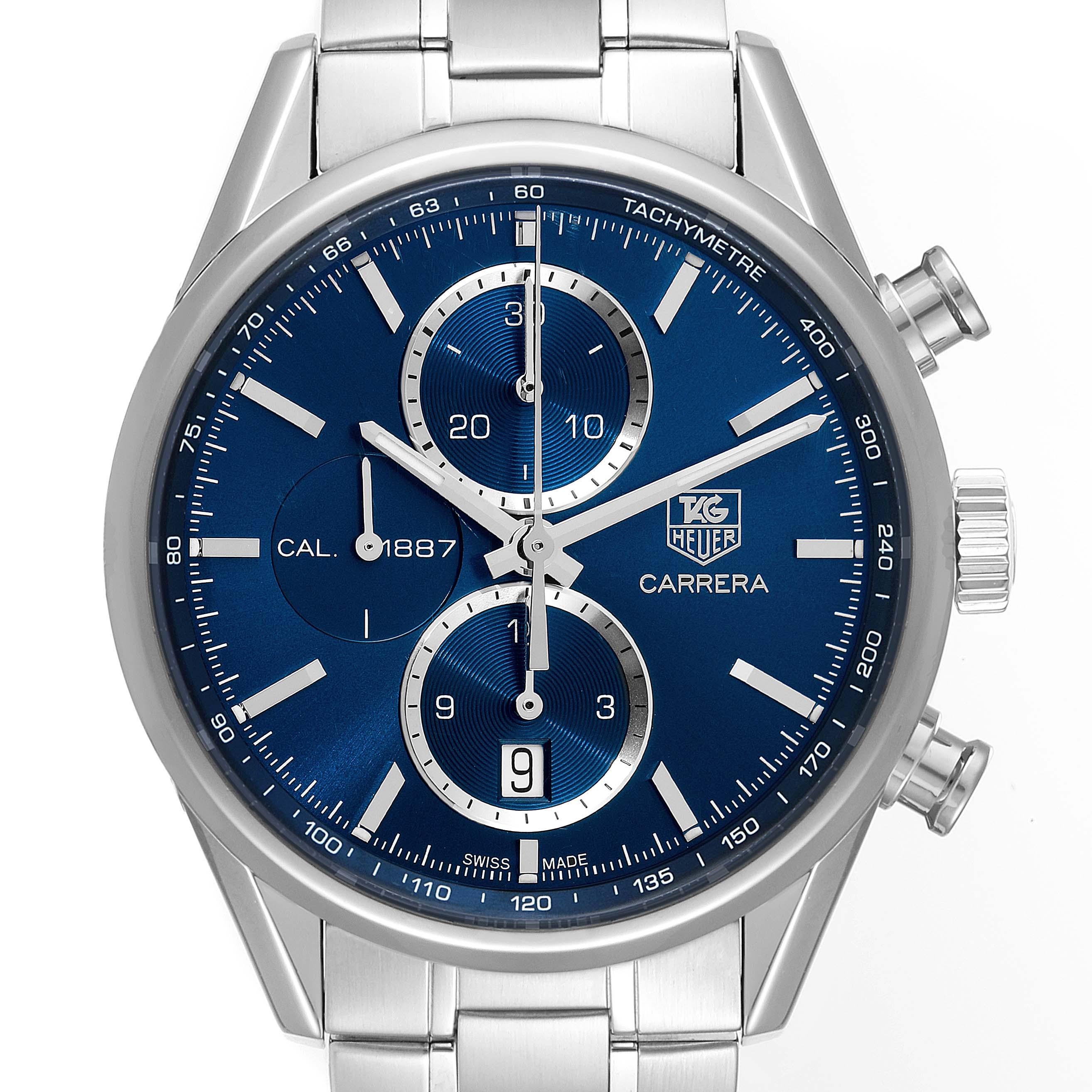 Tag Heuer Carrera 1887 Chronograph Blue Dial Steel Mens Watch CAR2115. Automatic self-winding chronograph movement. Stainless steel round case 41.0 mm. Exhibition sapphire crystal caseback. Stainless steel bezel. Scratch resistant sapphire crystal.
