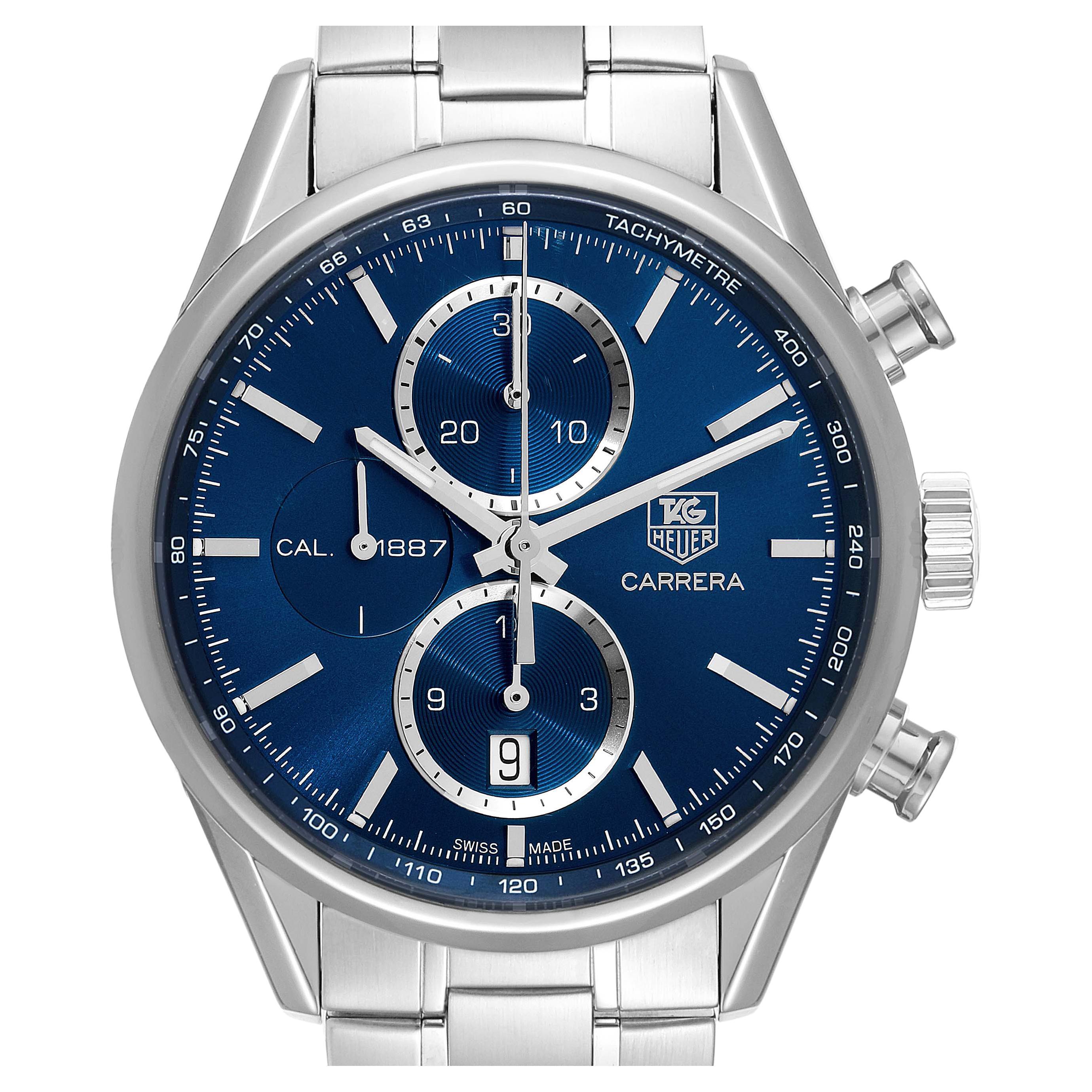 TAG Heuer Carrera 1887 Chronograph Blue Dial Steel Mens Watch CAR2115 For Sale