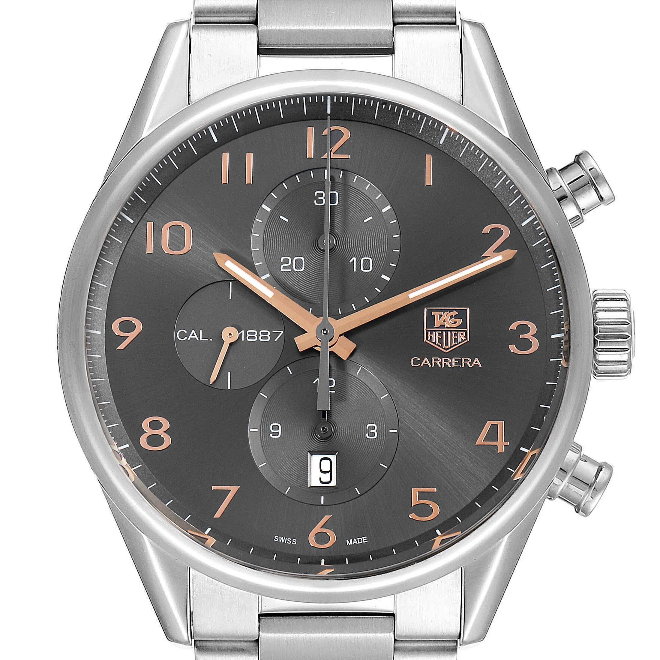 Tag Heuer Carrera 1887 Grey Dial Chronograph Mens Watch CAR2013. Automatic self-winding chronograph movement. Stainless steel case 43.0 mm. Transperent exhibition sapphire crystal case back. Stainless steel bezel. Scratch resistant sapphire crystal.
