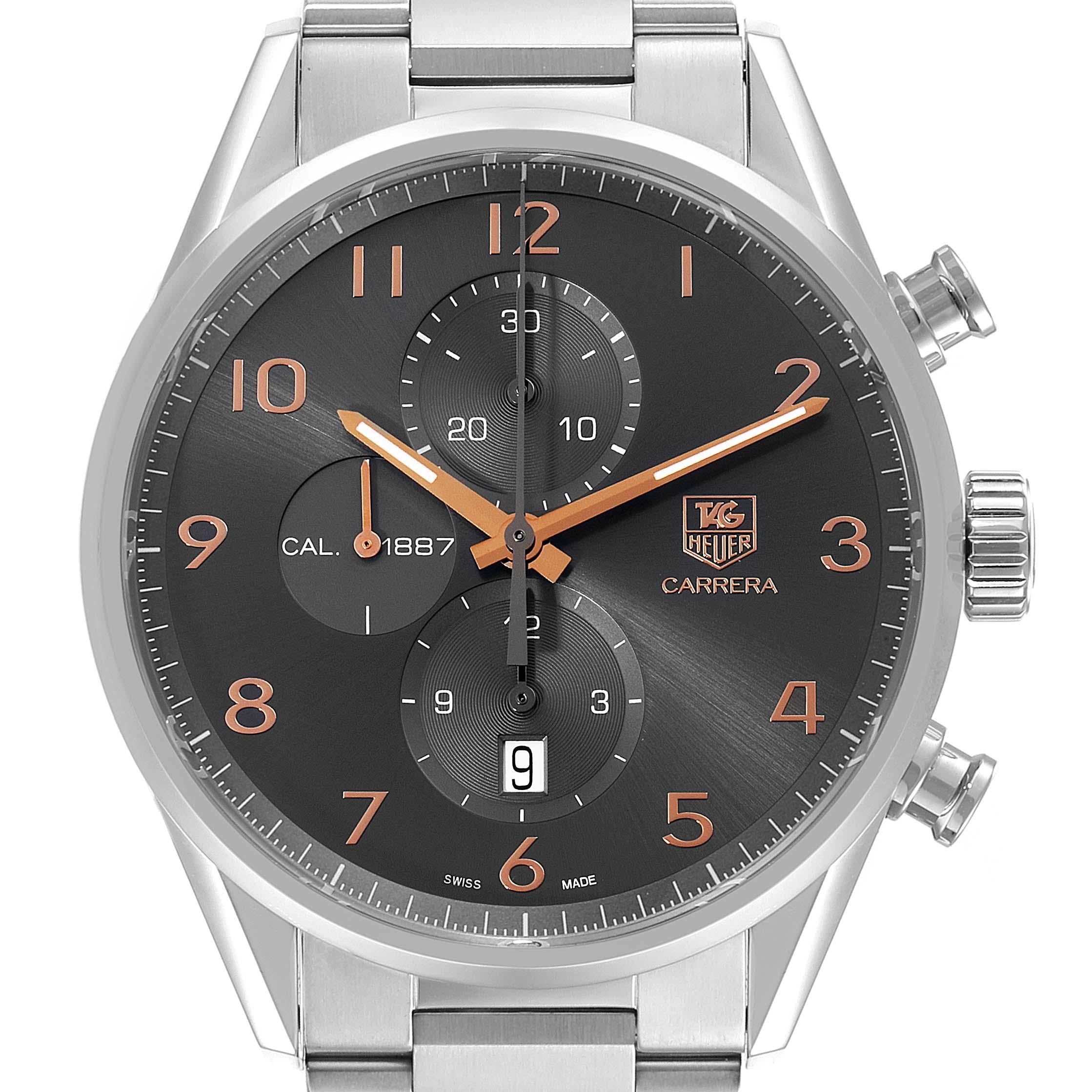 Tag Heuer Carrera 1887 Grey Dial Chronograph Mens Watch CAR2013. Automatic self-winding chronograph movement. Stainless steel case 43.0 mm. Transperent exhibition sapphire crystal case back. Stainless steel smooth bezel. Scratch resistant sapphire