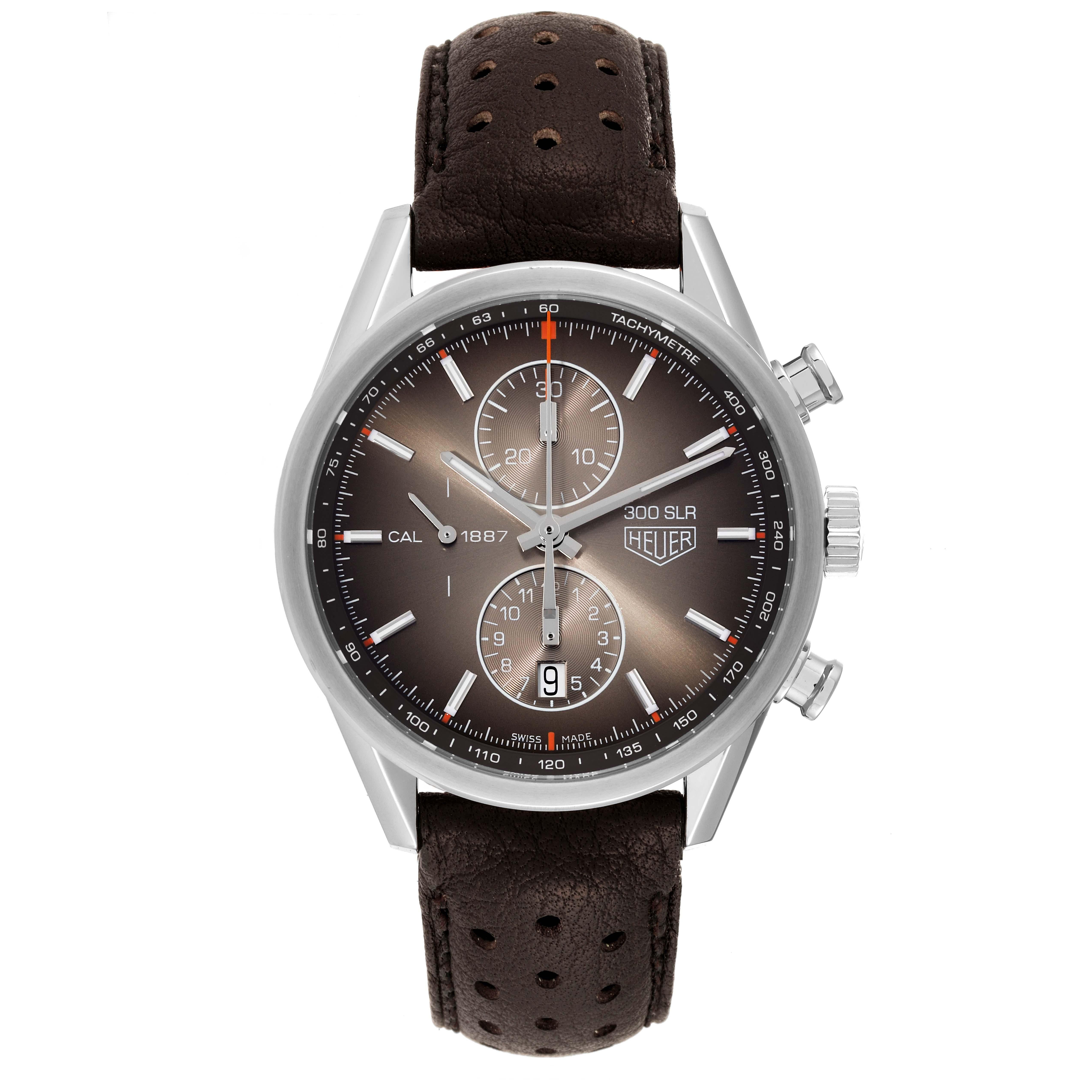 Tag Heuer Carrera 300 SLR Calibre 1887 Steel Mens Watch CAR2112 Box Card. Automatic self-winding movement. Stainless steel case 41.0 mm in diameter. Stainless steel smooth bezel. Scratch resistant sapphire crystal. Brown sunburst dial with luminous