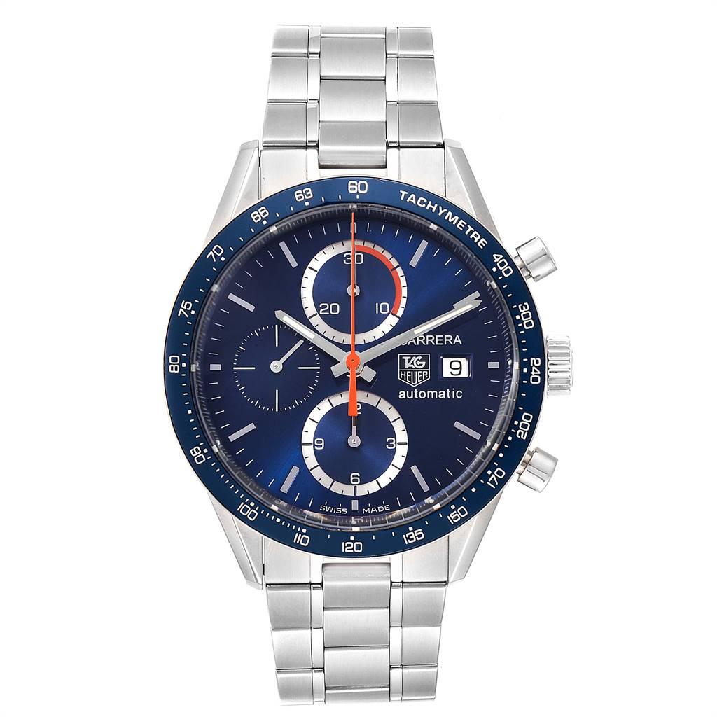 Tag Heuer Carrera 40th Anniversary Legend Mens Watch CV2015 Box Card. Automatic self-winding movement. Polished stainless steel case 41.0 mm. Transperent sapphire crystal back. Blue bezel with tachymeter scale. Scratch resistant sapphire crystal.