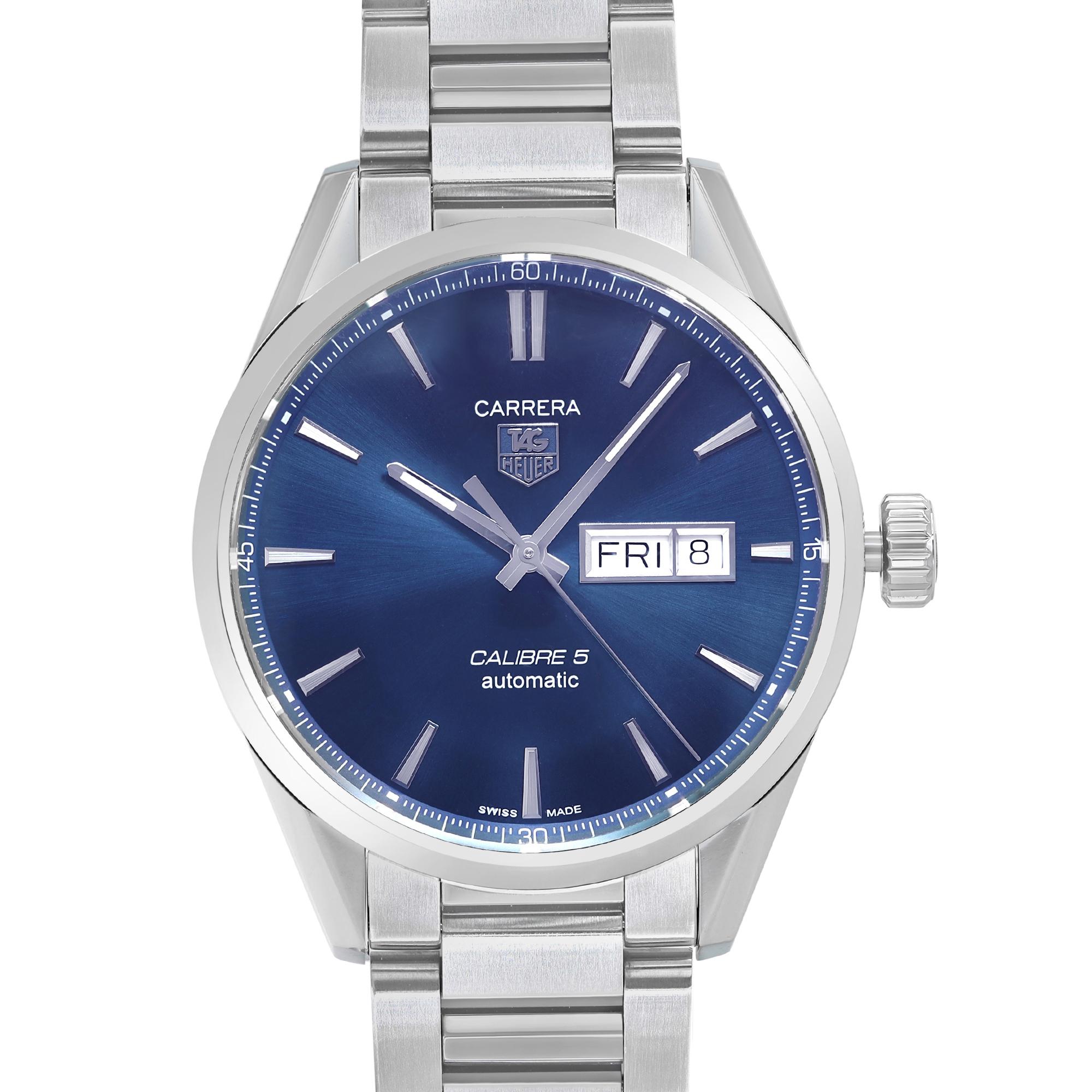 Unworn TAG Heuer Carrera 41mm Day-Date Steel Case Blue Dial Automatic Men's Watch WAR201E.BA0723 This Beautiful Timepiece is powered by a Mechanical (Automatic) Movement and Features: A Polished Stainless Steel Case and Bracelet with a fold-over