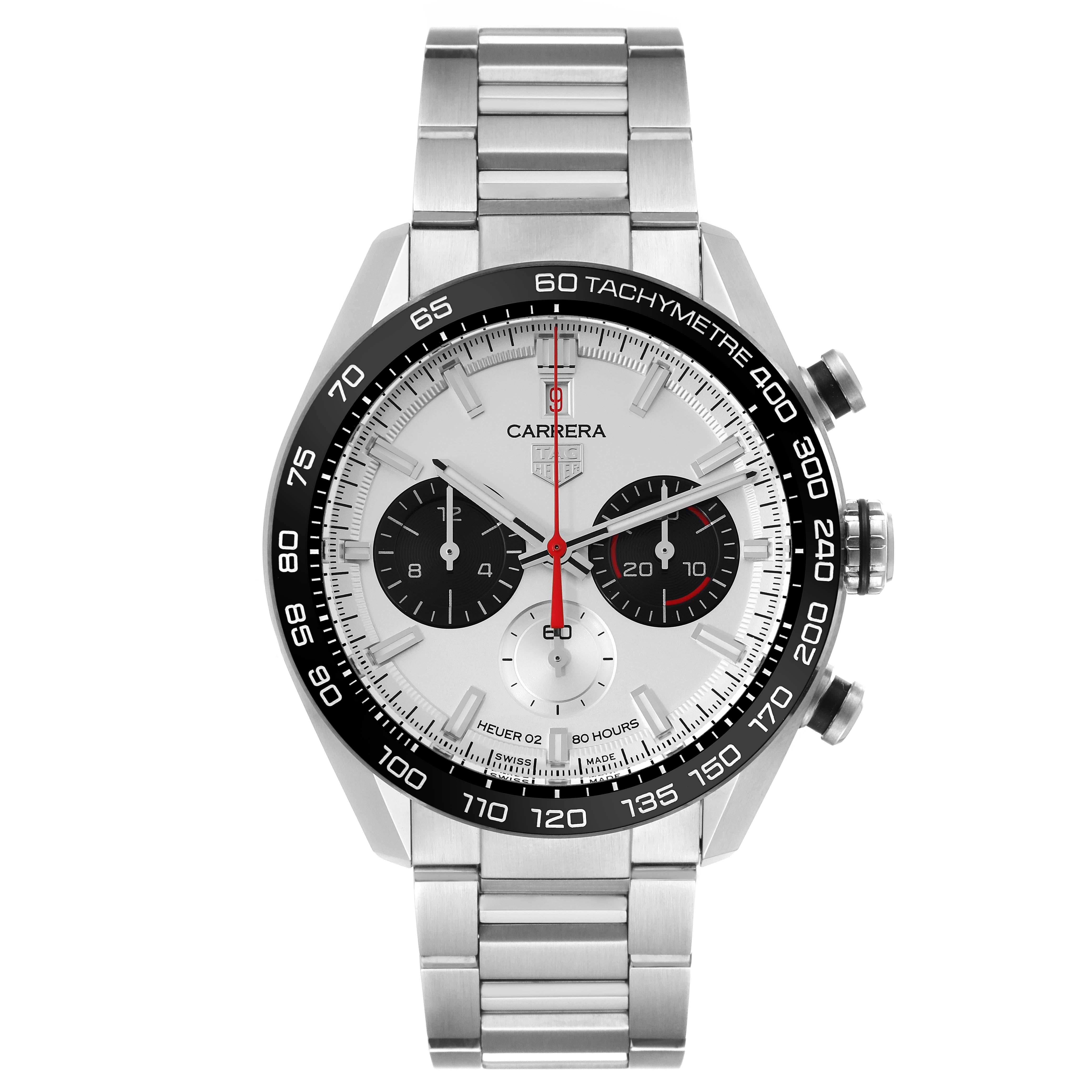 Tag Heuer Carrera Anniversary LE Steel Silver Dial Mens Watch CBN2A1D Box Card. Automatic self-winding chronograph movement. Stainless steel round case 44.0 mm. Transperent sapphire crystal back. Black ceramic tachymeter scale bezel. Scratch