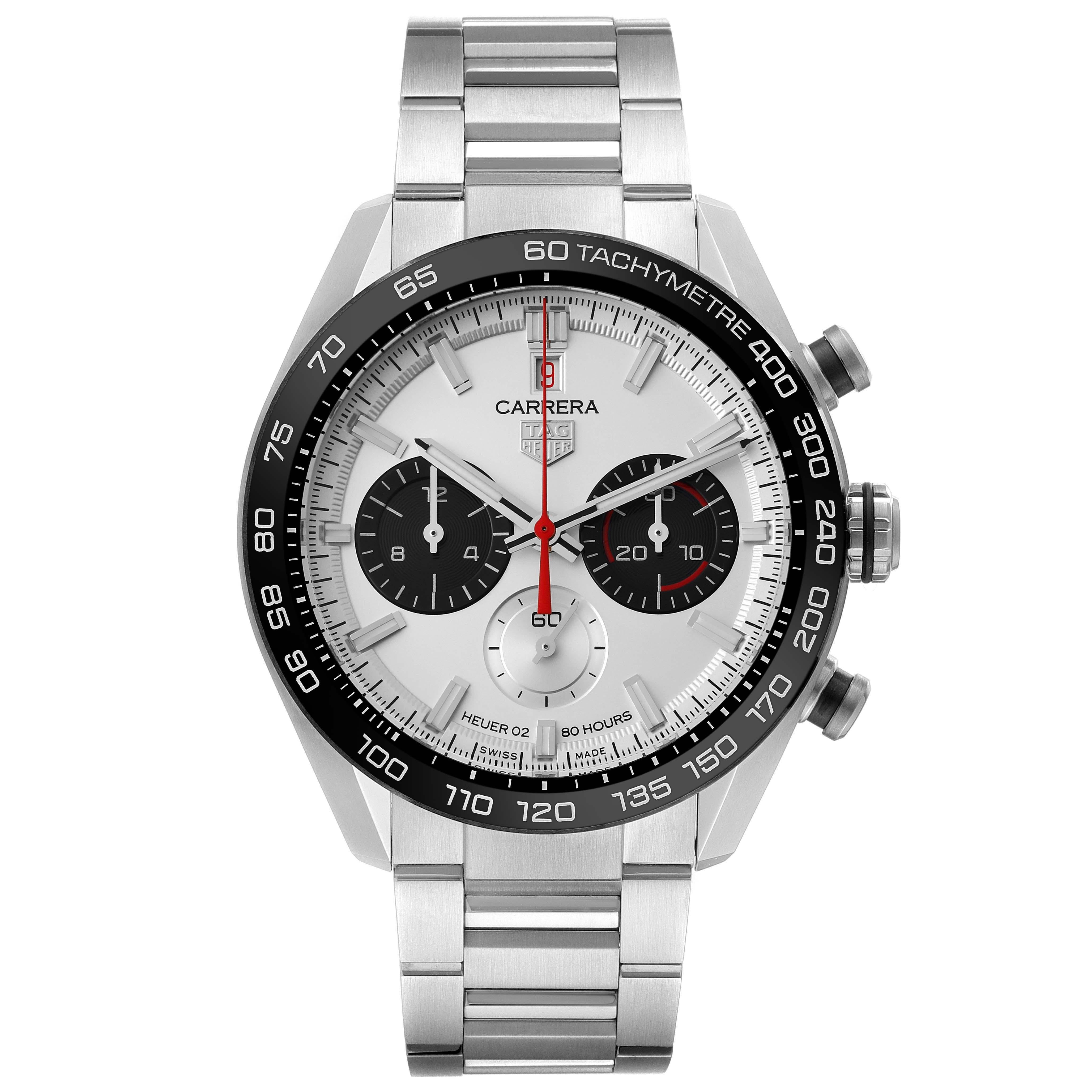 Tag Heuer Carrera Anniversary LE Steel Silver Dial Mens Watch CBN2A1D Unworn. Automatic self-winding chronograph movement. Stainless steel round case 44.0 mm. Transperent sapphire crystal back. Black ceramic tachymeter scale bezel. Scratch resistant