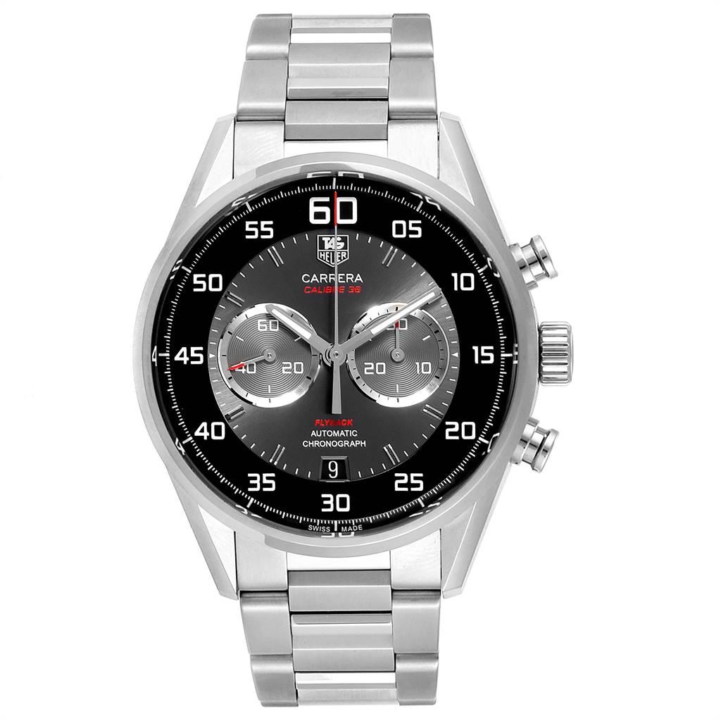 Tag Heuer Carrera Automatic Flyback Steel Mens Watch CAR2B10. Automatic self-winding movement. Stainless steel case 43.0 mm. Transparent exhibition sapphire crystal back. Stainless steel smooth bezel. Scratch resistant sapphire crystal. Black and