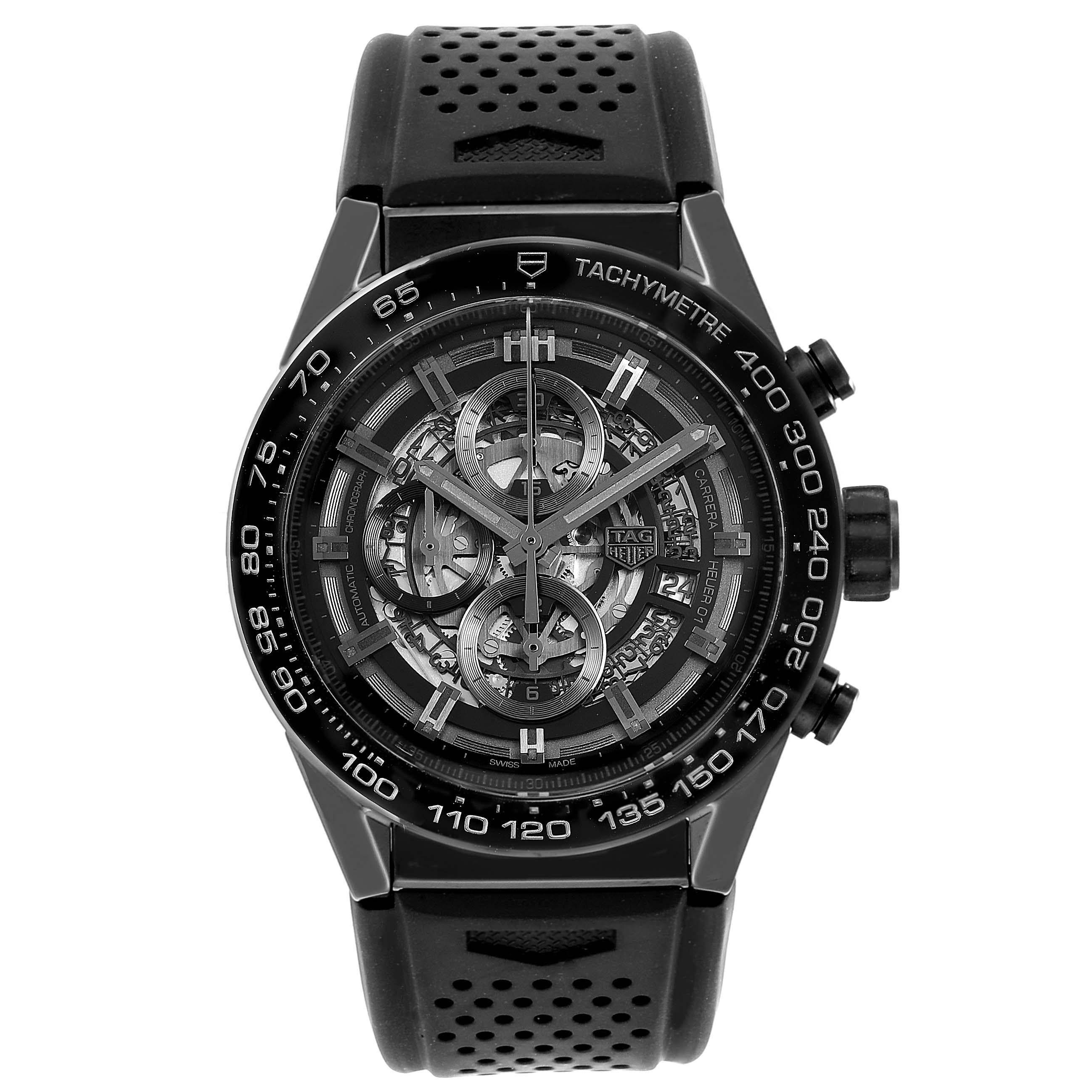 Tag Heuer Carrera Black Ceramic Chronograph Watch CAR2A90 Box Papers. Automatic self-winding movement. Black ceramic case 45.0 mm. Case thickness: 16.5mm. Transperent sapphire crystal back. Uni-directional rotating black ceramic showing tachymeter