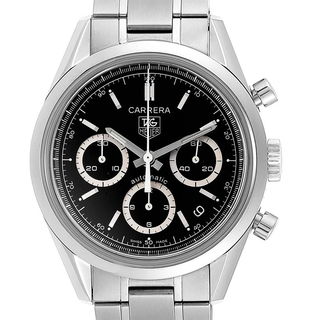 Tag Heuer Carrera Black Dial Chronograph Mens Watch CV2113 Card. Automatic self-winding chronograph movement. Stainless steel case 39 mm in diameter. Stainless steel bezel. Scratch resistant sapphire crystal. Black dial with index hour markers.