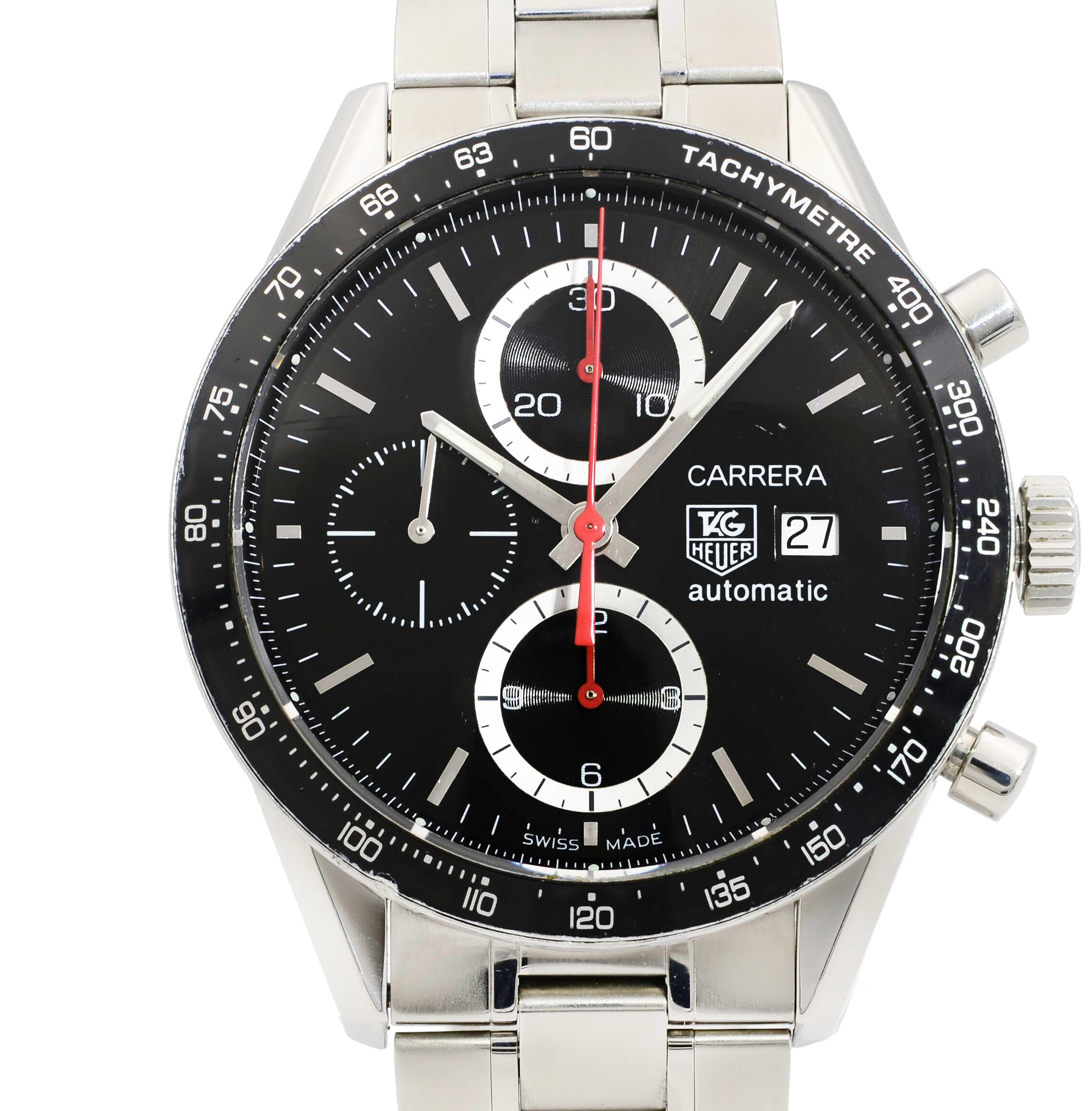 This pre-owned TAG Heuer Carrera CV2014.BA0794 is a beautiful men's timepiece that is powered by mechanical (automatic) movement which is cased in a stainless steel case. It has a round shape face, chronograph, date indicator, small seconds subdial,