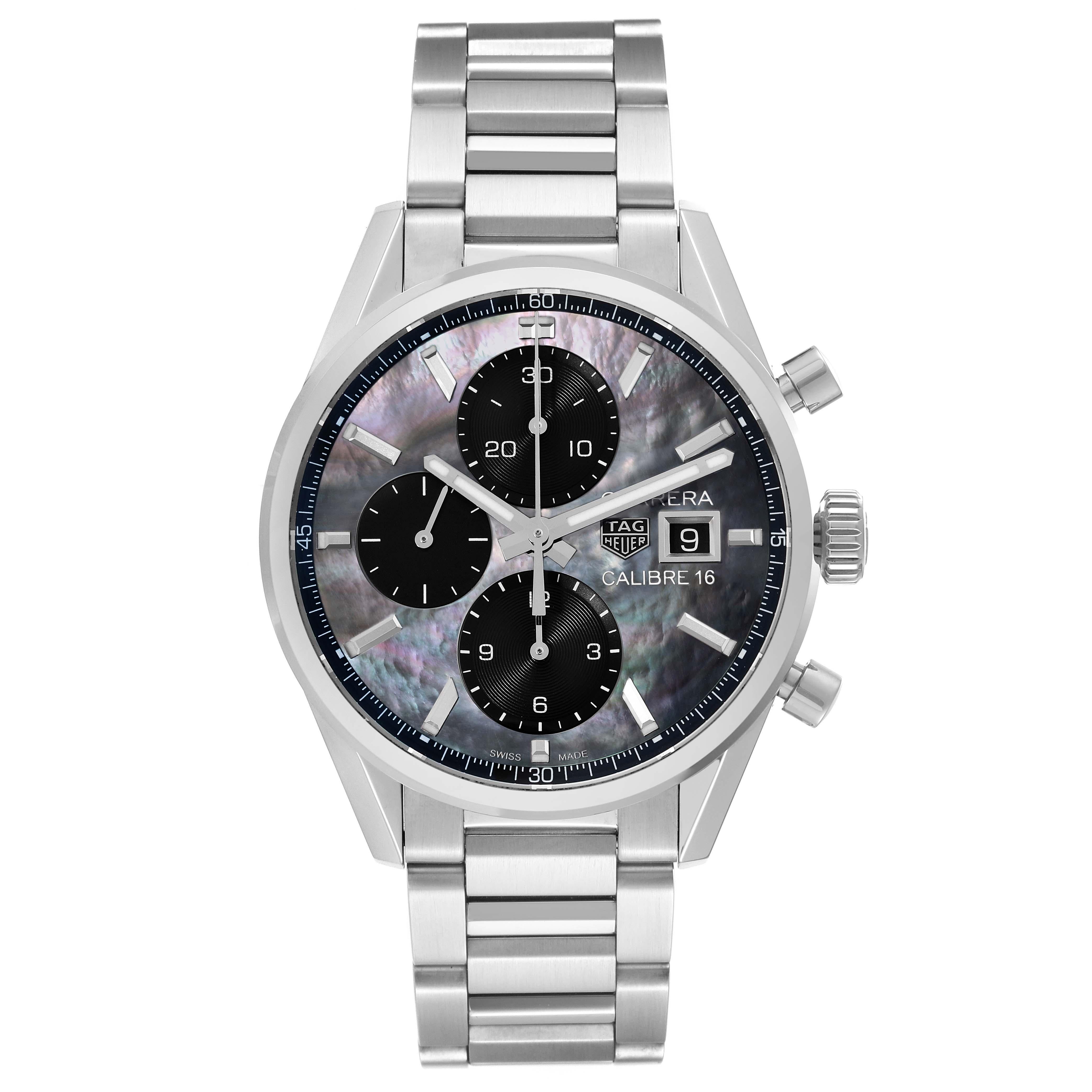 Tag Heuer Carrera Negro Nácar Edición Especial Japonesa Reloj para caballero de acero CBK2116 Tarjeta de caja. Movimiento automático de cronógrafo automático. Caja de acero inoxidable de 41.0 mm de diámetro. Fondo de cristal de zafiro transparente