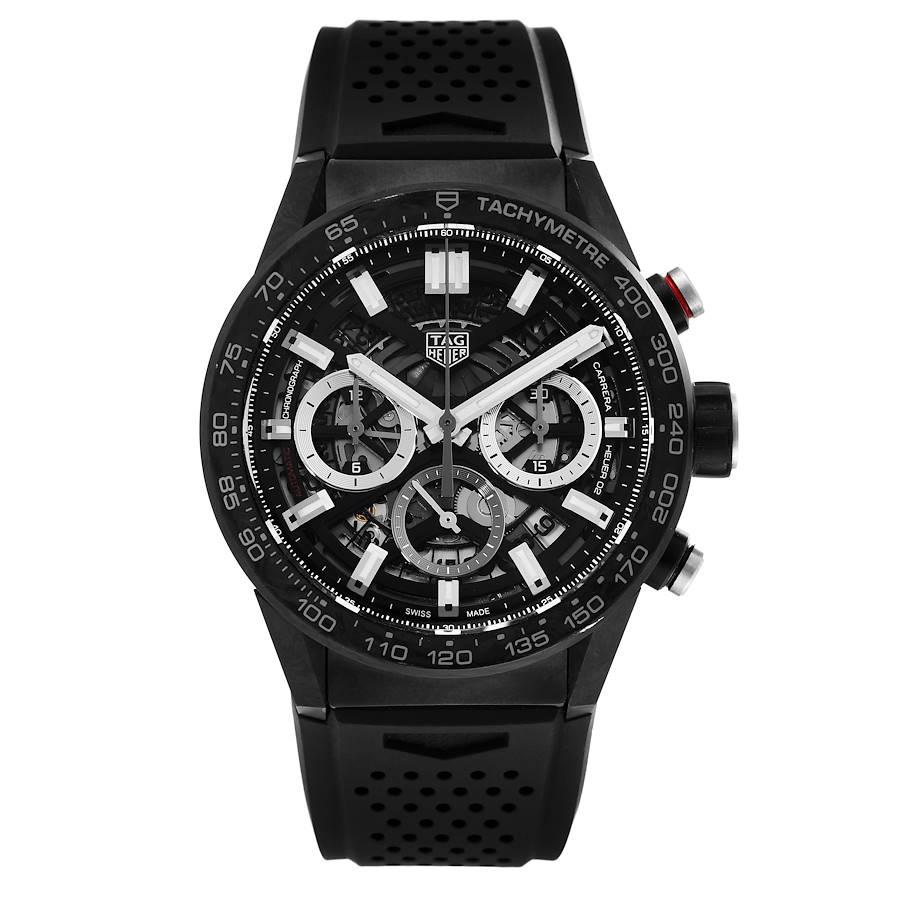Tag Heuer Carrera Black PVD Steel Chronograph Mens Watch CBG2016 Box Card. Automatic self-winding movement. Black PVD stainless steel case 43.0 mm. Case thickness: 16.5mm. Transparent sapphire crystal back. Black ceramic showing tachymeter markings