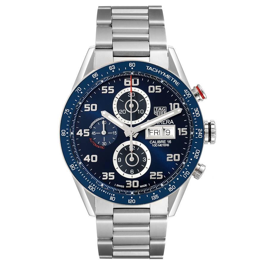 Tag Heuer Carrera Blue Dial Chronograph Steel Mens Watch CV2A1V Box Card. Automatic self-winding chronograph movement. Stainless steel case 43.0 mm in diameter . Transparent sapphire crystal case back. Case thickness: 16.85 mm. Blue ceramic bezel