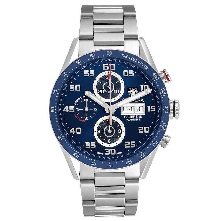 Tag Heuer Carrera Blue Dial Chronograph Steel Mens Watch CV2A1V Box Card. Automatic self-winding chronograph movement. Steel case 43.0 mm. Transparent sapphire crystal case back. Case thickness: 16.85 mm. Blue ceramic bezel with tachymeter scale.