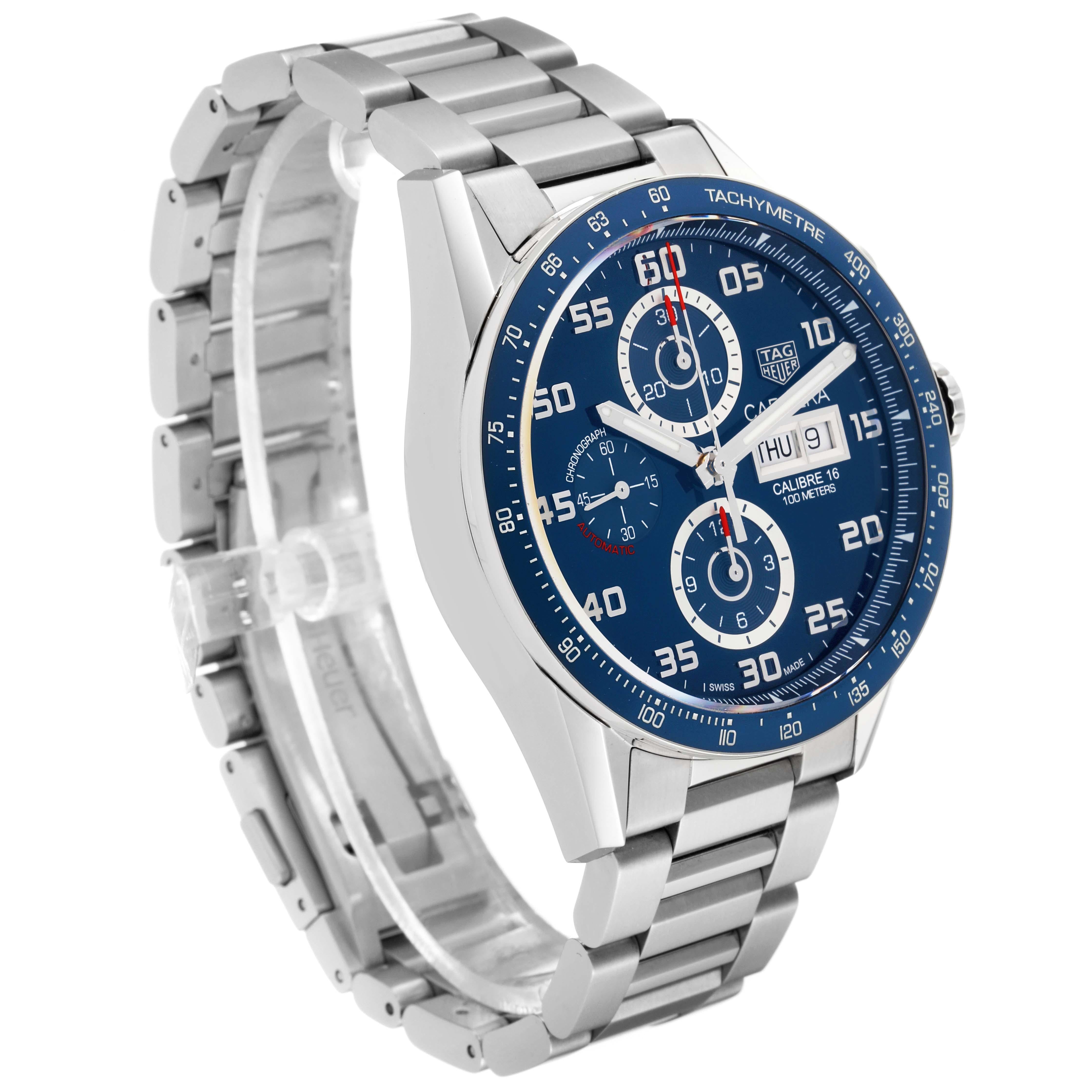 Tag Heuer Carrera Blue Dial Chronograph Steel Mens Watch CV2A1V Box Card. Automatic self-winding chronograph movement. Stainless steel case 43.0 mm. Case thickness: 16.85 mm.Transparent exhibition sapphire crystal caseback. Blue ceramic bezel with