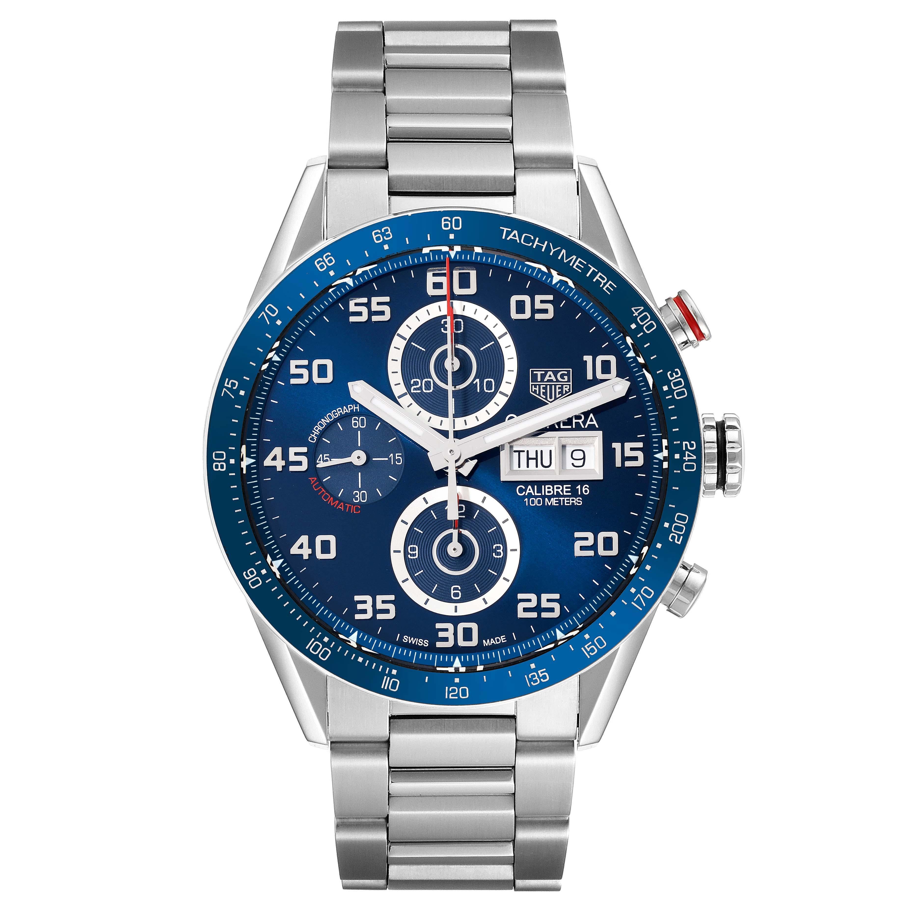 Tag Heuer Carrera Blue Dial Chronograph Steel Mens Watch CV2A1V Box Card In Excellent Condition For Sale In Atlanta, GA