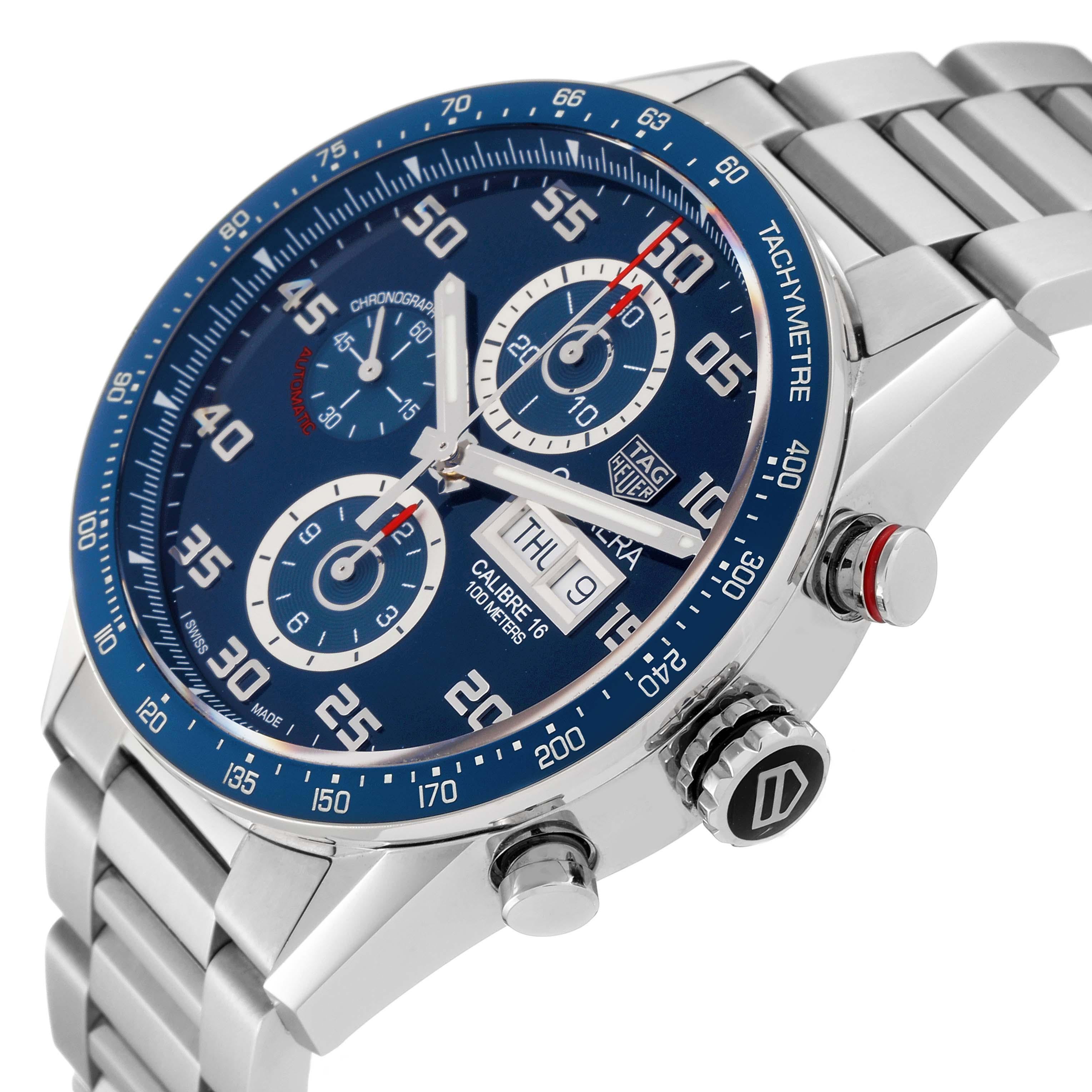 Men's Tag Heuer Carrera Blue Dial Chronograph Steel Mens Watch CV2A1V Box Card For Sale