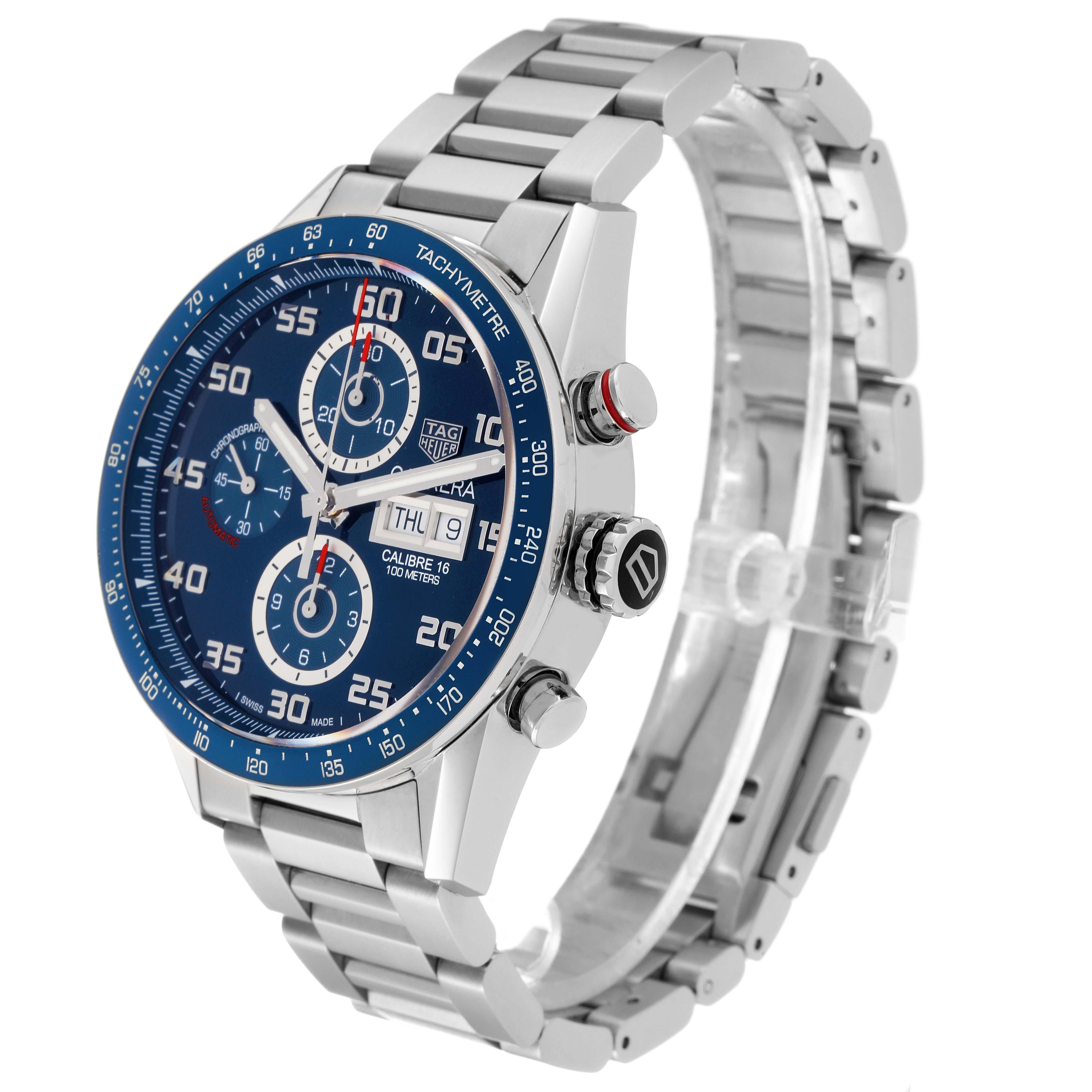 Tag Heuer Carrera Blue Dial Chronograph Steel Mens Watch CV2A1V Box Card For Sale 4