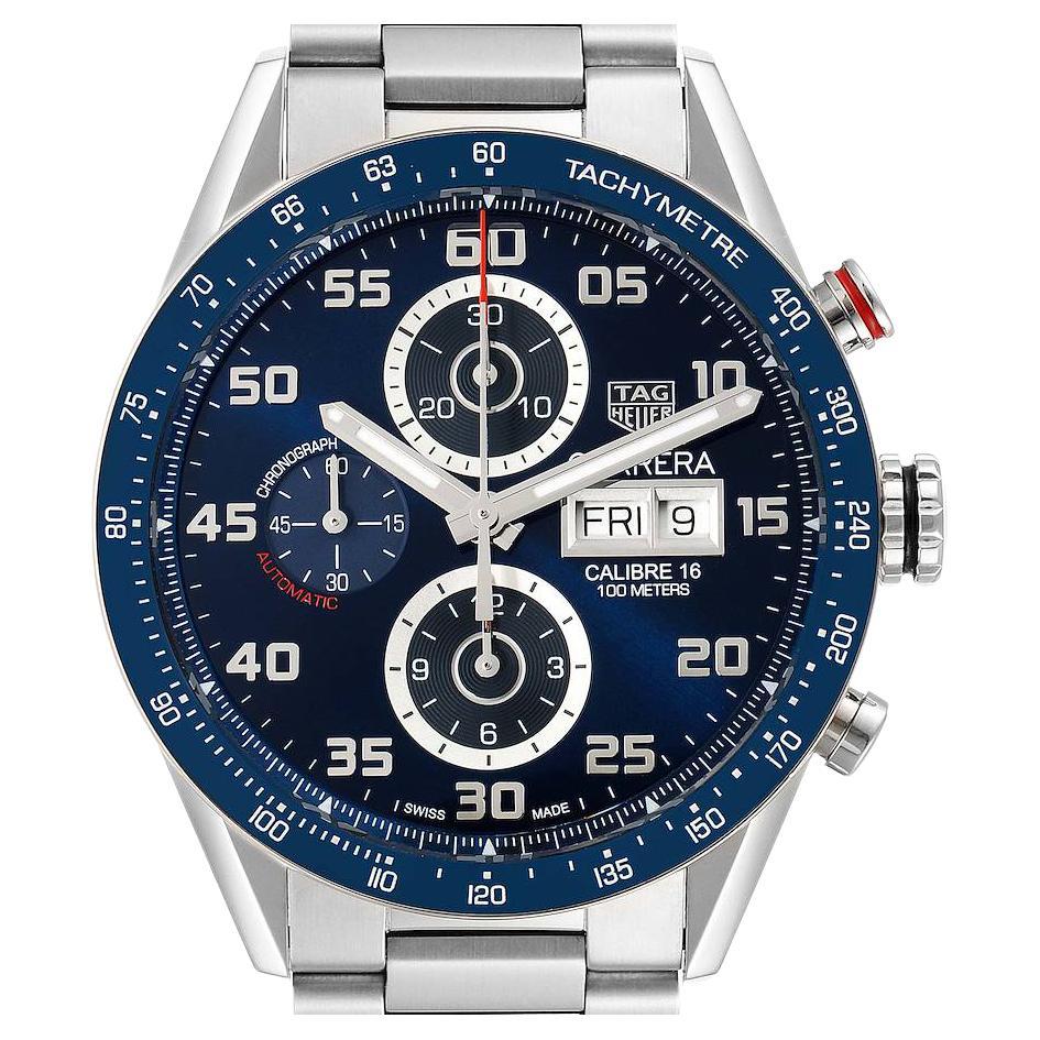 Tag Heuer Carrera Blue Dial Chronograph Steel Mens Watch CV2A1V Box Card For Sale
