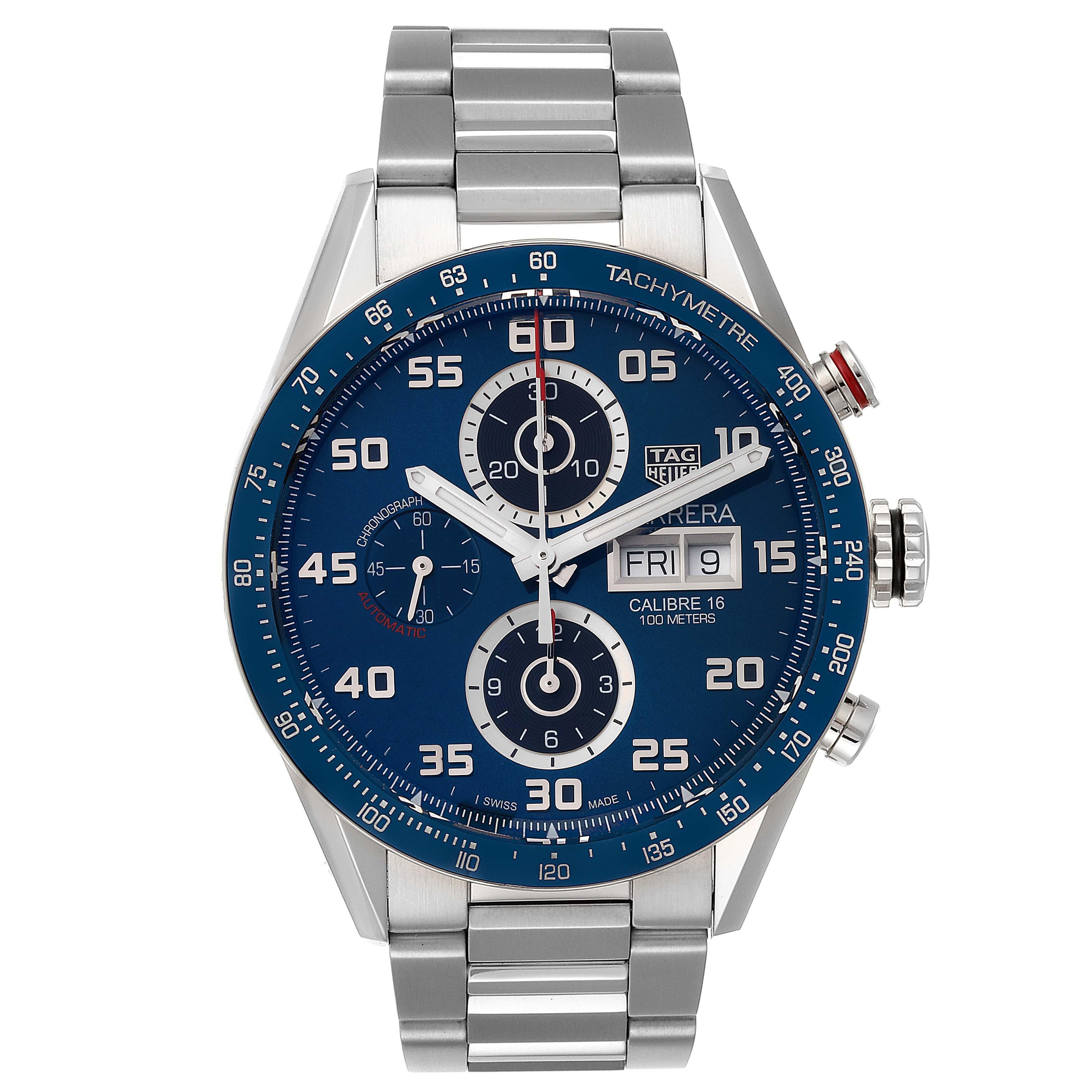 Tag Heuer Carrera Blue Dial Chronograph Steel Mens Watch CV2A1V. Automatic self-winding chronograph movement. Steel case 43.0 mm. Transperent sapphire crystal case back. Case thickness: 16.85 mm. Blue ceramic bezel with tachymeter scale. Scratch