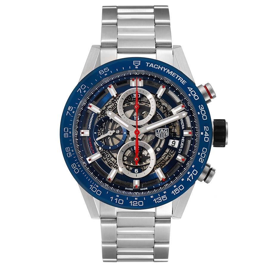 Tag Heuer Carrera Blue Skeleton Dial Chronograph Mens Watch CAR201T Box Card. Automatic self-winding chronograph movement. Stainless steel case 43.0 mm. Exhibition sapphire crystal case back. Blue bezel with tachymeter scale. Scratch resistant