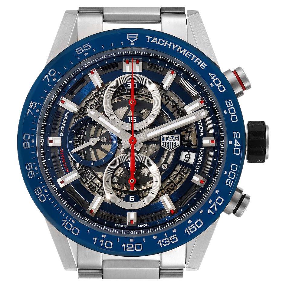 TAG Heuer Carrera Blue Skeleton Dial Chronograph Mens Watch CAR201T Box Card For Sale