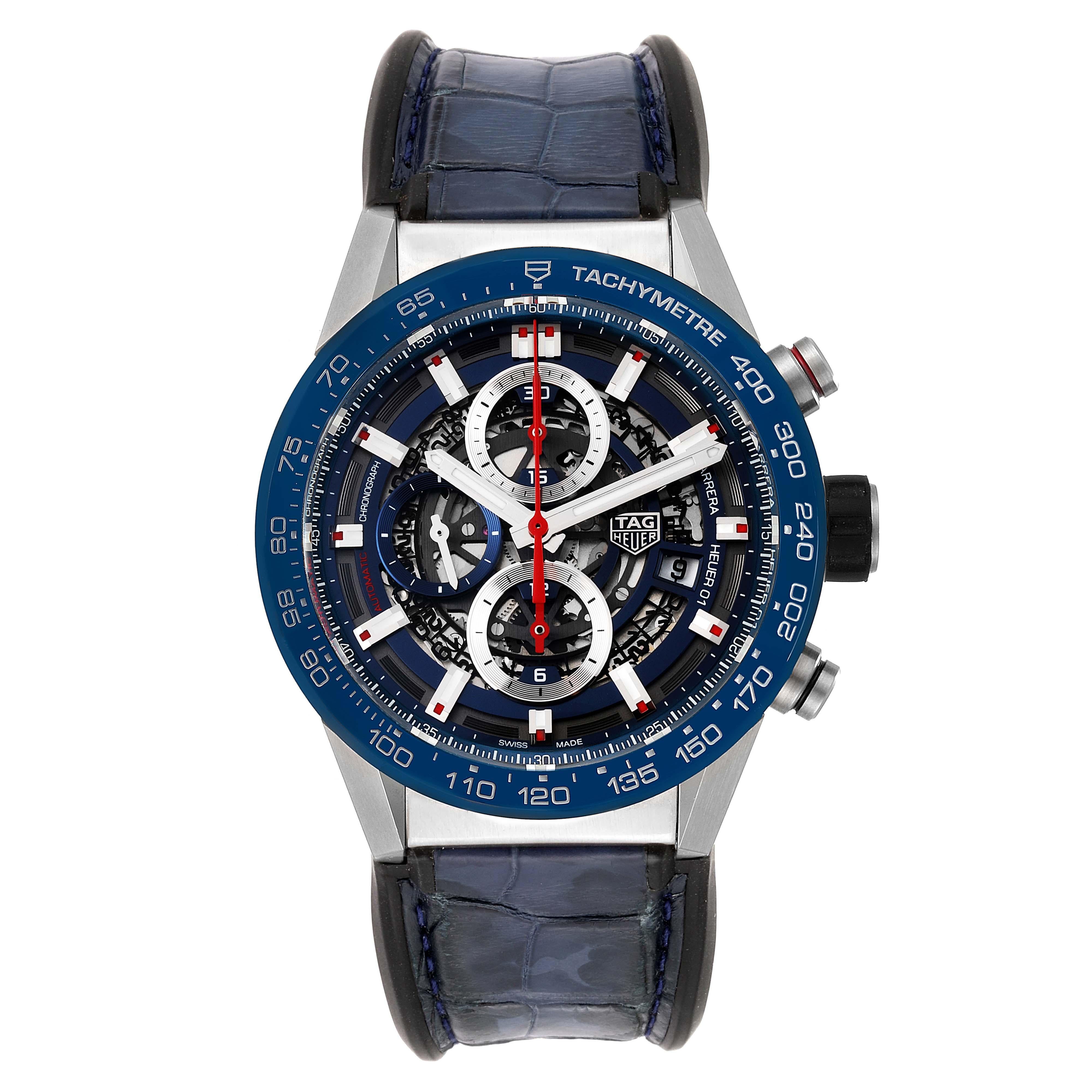 Tag Heuer Carrera Blue Skeleton Dial Chronograph Mens Watch CAR201T. Automatic self-winding chronograph movement. Stainless steel case 43.0 mm. Exhibition sapphire crystal case back. Blue bezel with tachymeter scale. Scratch resistant sapphire
