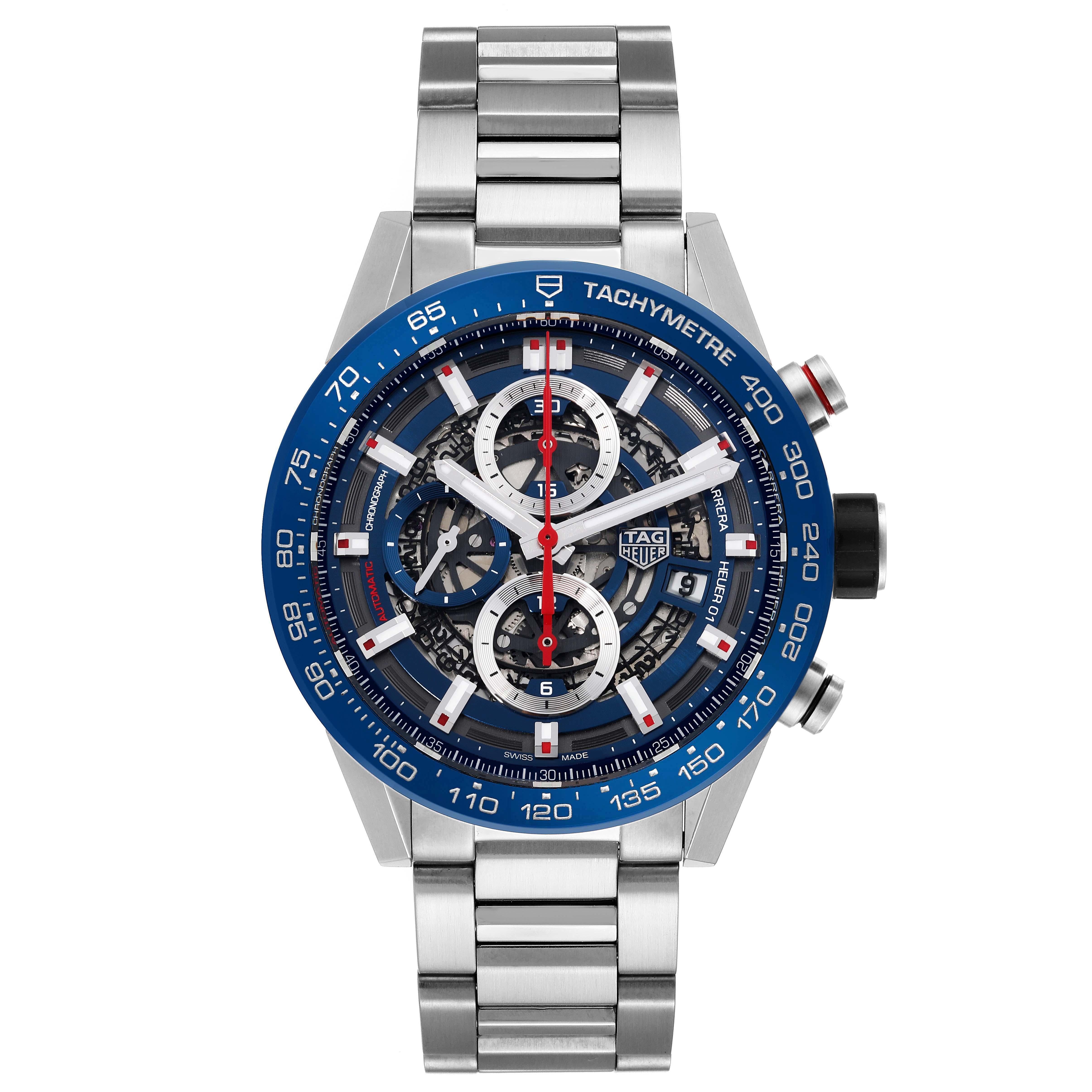 Tag Heuer Carrera Blue Skeleton Dial Chronograph Steel Mens Watch CAR201T. Automatic self-winding chronograph movement. Stainless steel case 43.0 mm in diameter. Exhibition transparent sapphire crystal caseback. Blue bezel with tachymeter scale.