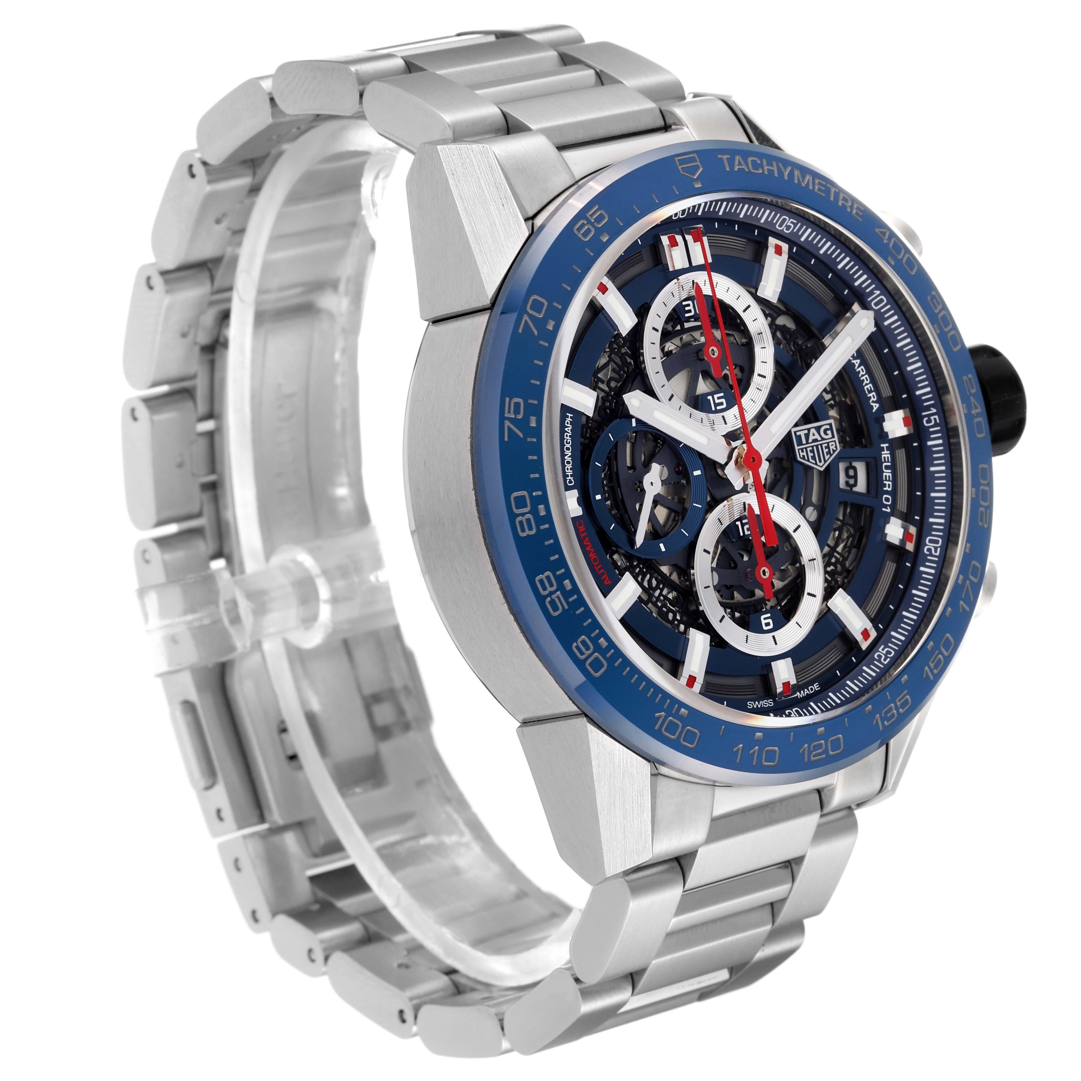 Tag Heuer Carrera Blue Skeleton Dial Chronograph Steel Mens Watch CAR201T In Excellent Condition For Sale In Atlanta, GA