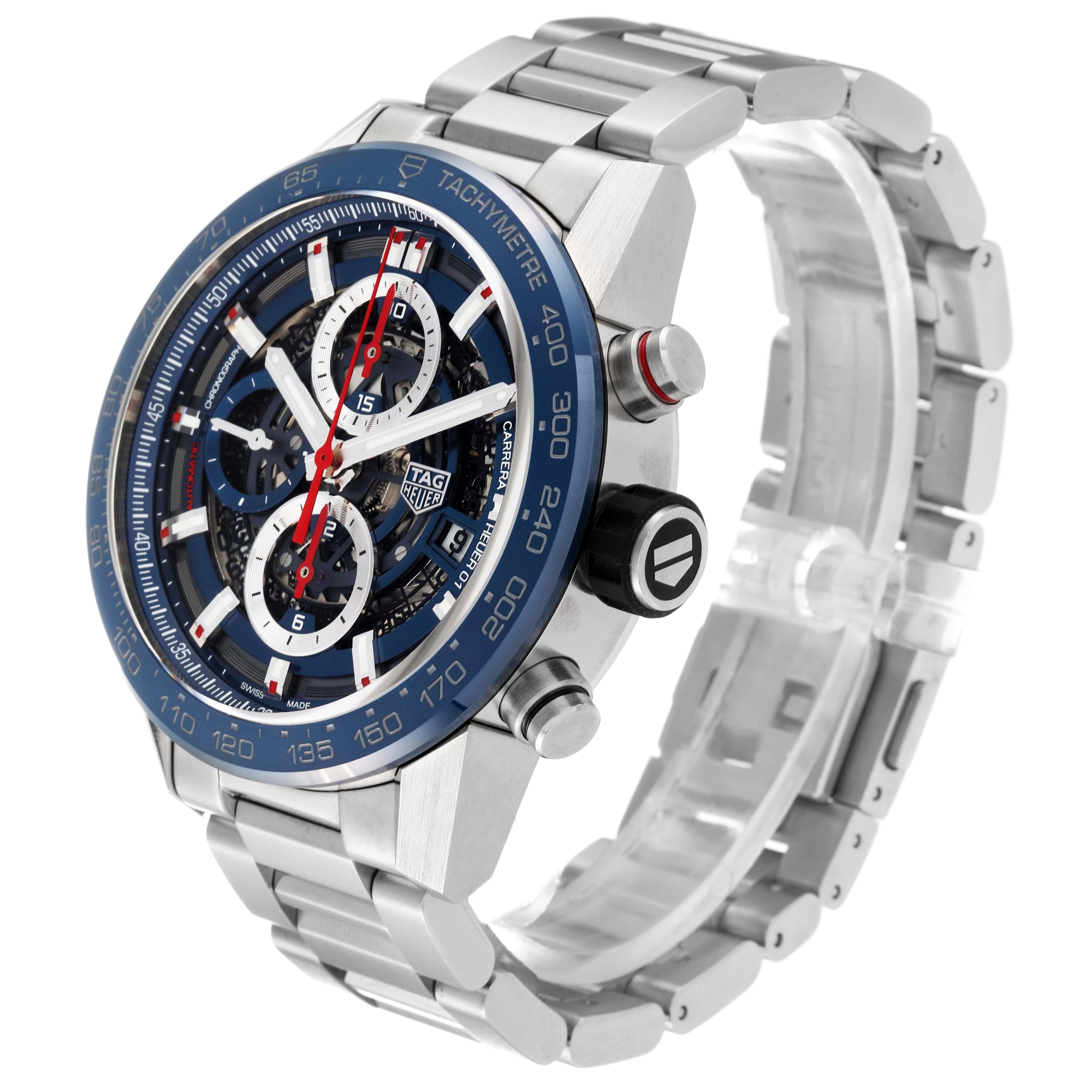 Men's Tag Heuer Carrera Blue Skeleton Dial Chronograph Steel Mens Watch CAR201T For Sale