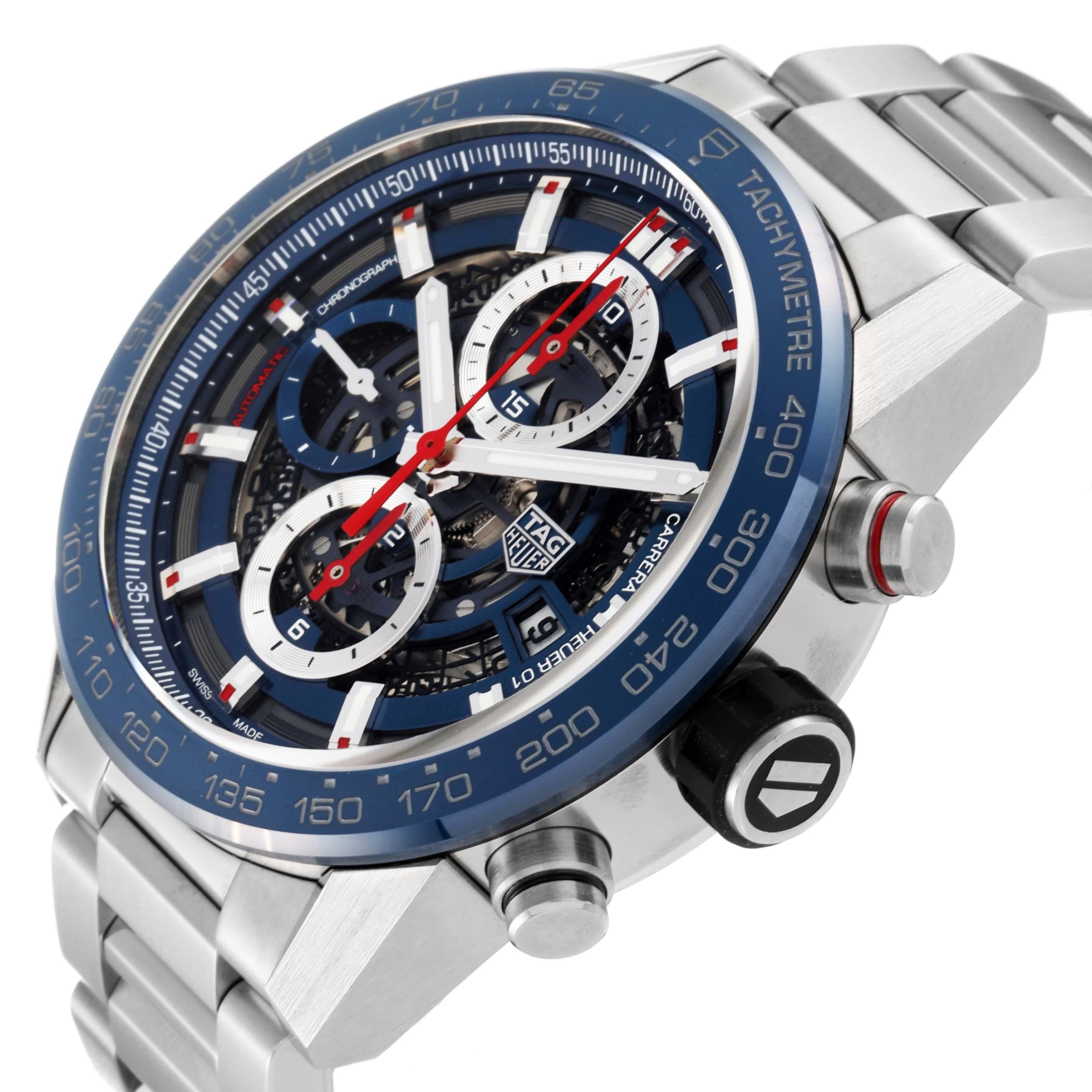 Tag Heuer Carrera Blue Skeleton Dial Chronograph Steel Mens Watch CAR201T For Sale 1