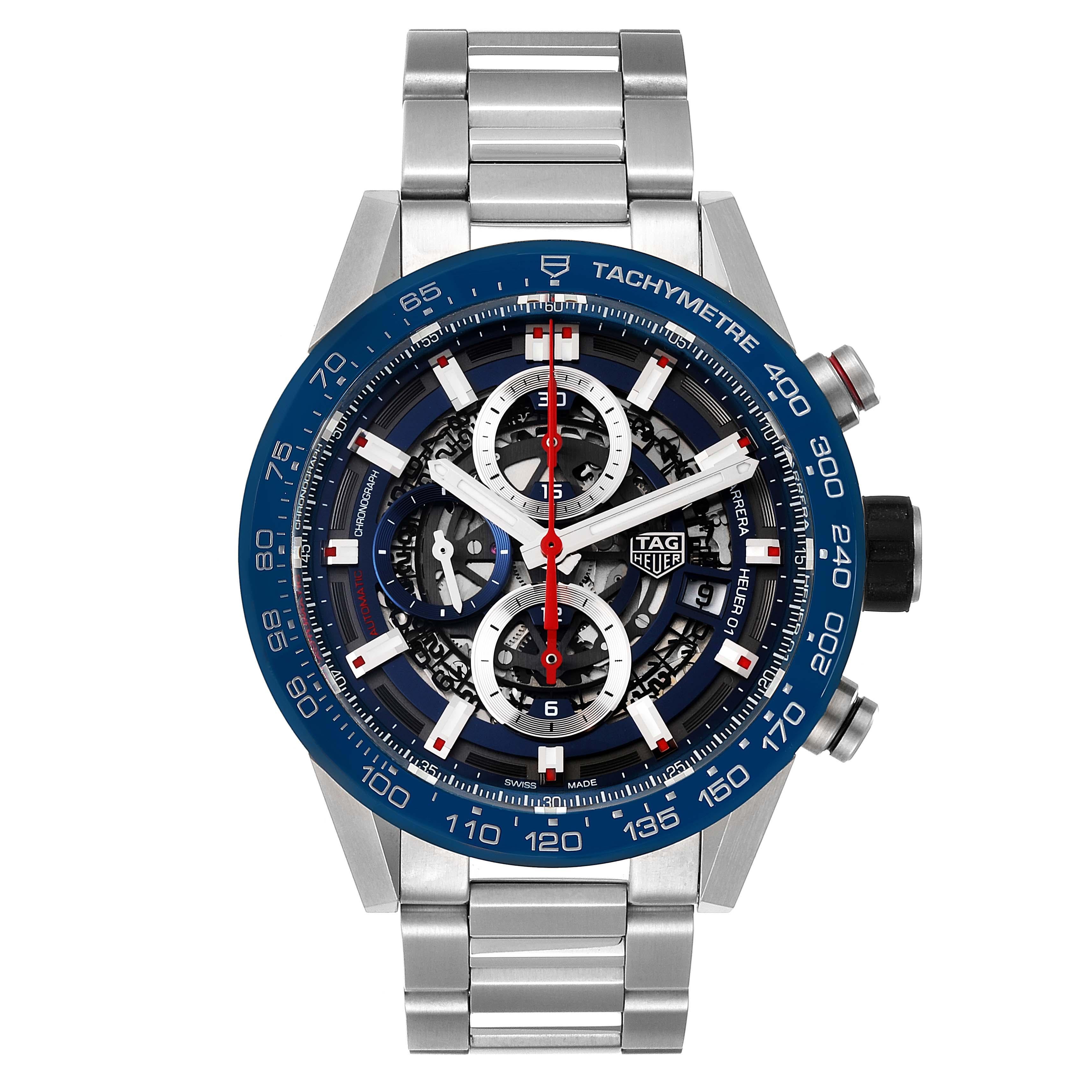 Tag Heuer Carrera Blue Skeleton Dial Chronograph Watch CAR201T Box Card. Automatic self-winding chronograph movement. Stainless steel case 43.0 mm. Exhibition sapphire crystal case back. Blue bezel with tachymeter scale. Scratch resistant sapphire