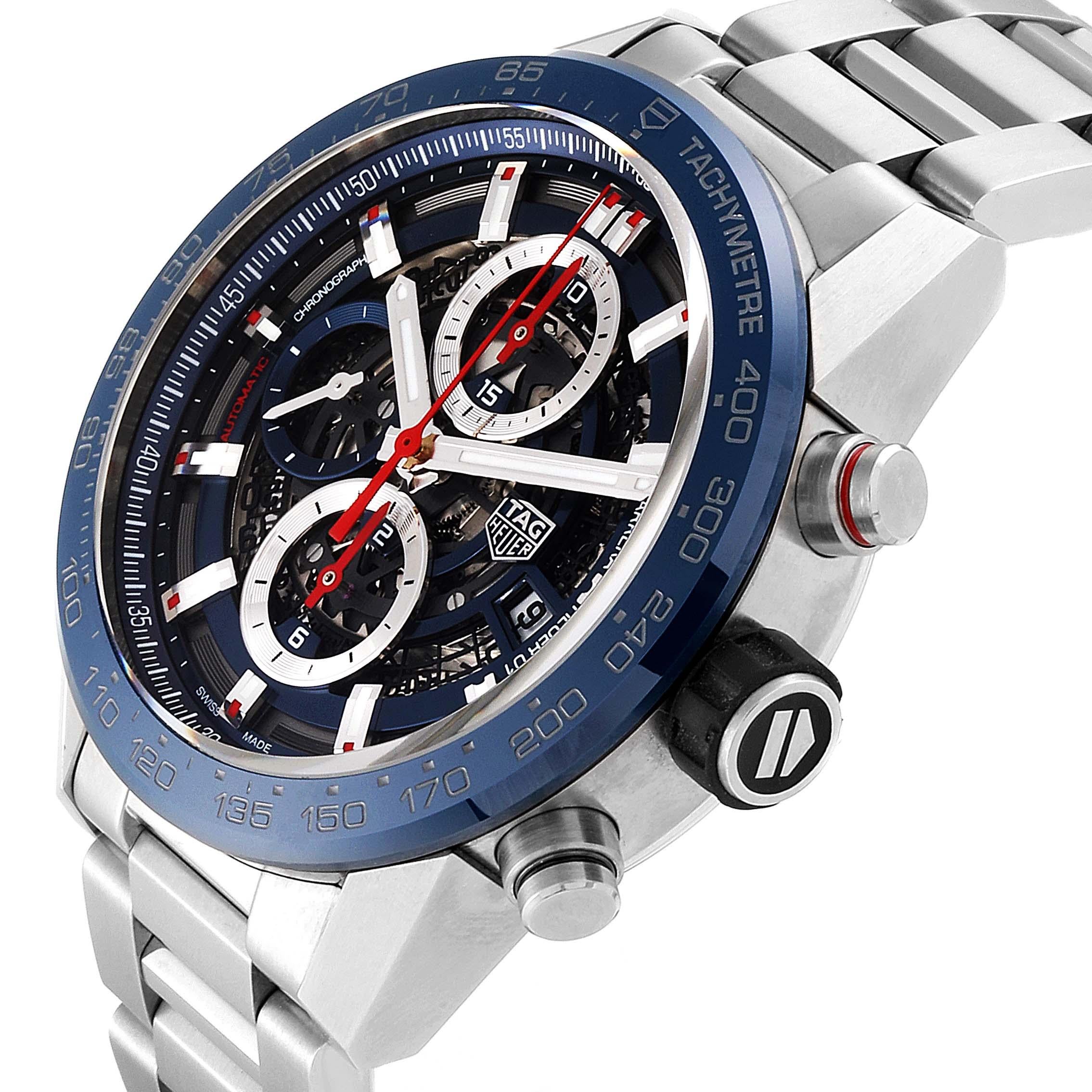 TAG Heuer Carrera Blue Skeleton Dial Chronograph Watch CAR201T Box Card In Excellent Condition For Sale In Atlanta, GA