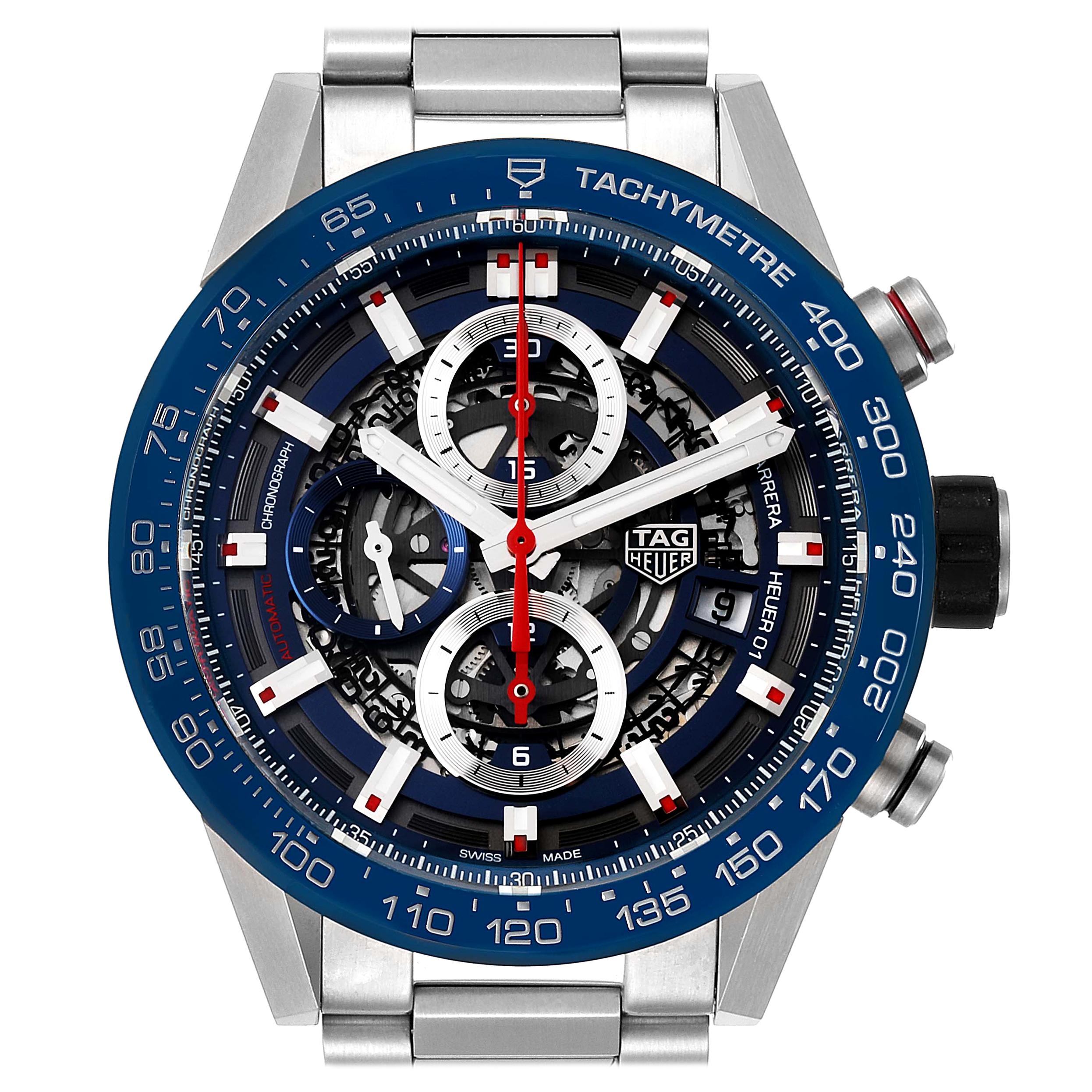 TAG Heuer Carrera Blue Skeleton Dial Chronograph Watch CAR201T Box Card For Sale